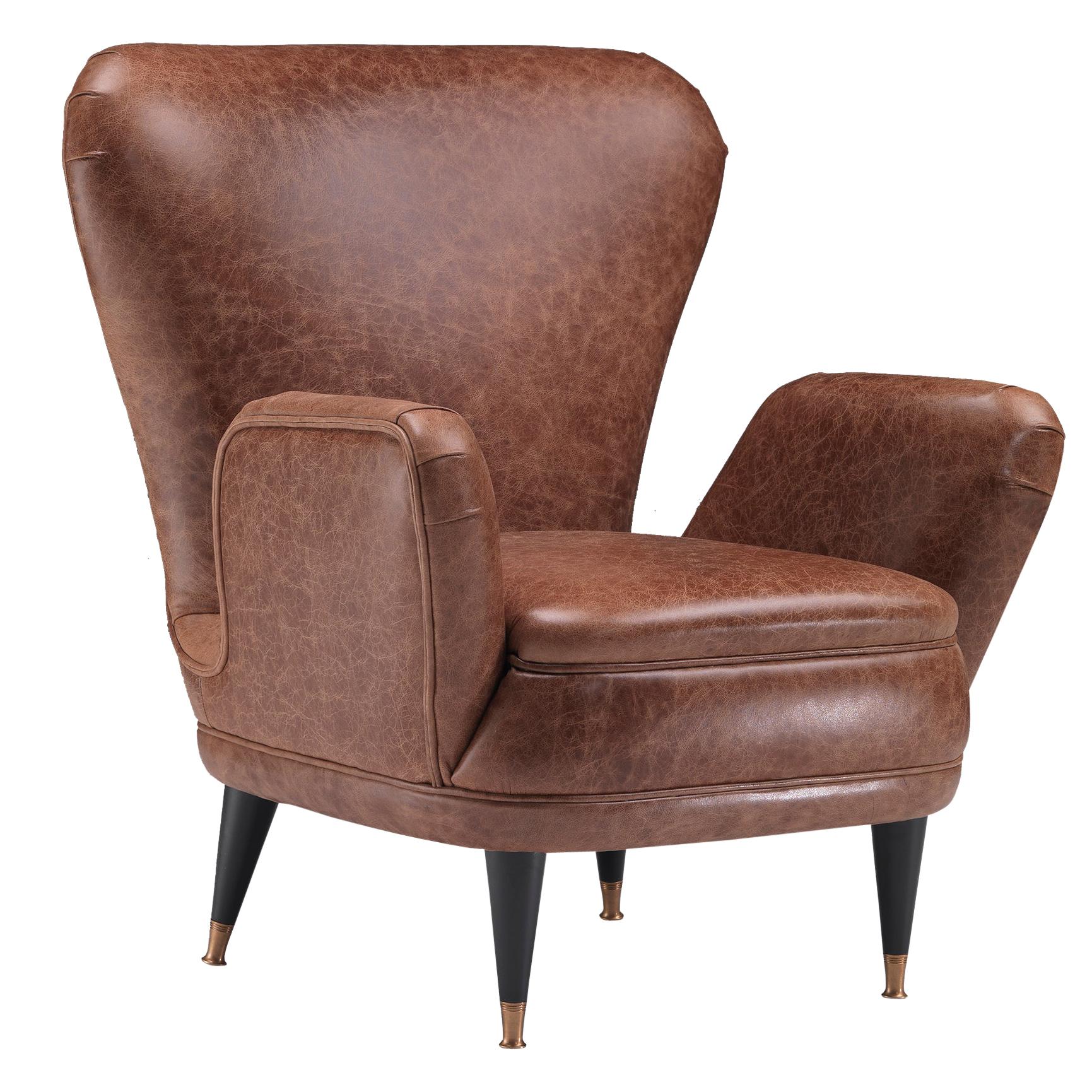 PIERA Armchair with Brown Leather in Solid Walnut with Brass Tips  For Sale