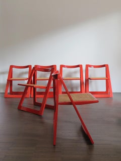 Pierangela D’Aniello and Aldo Jacober Italian Wood Cane Red Dining Chairs, 1950s