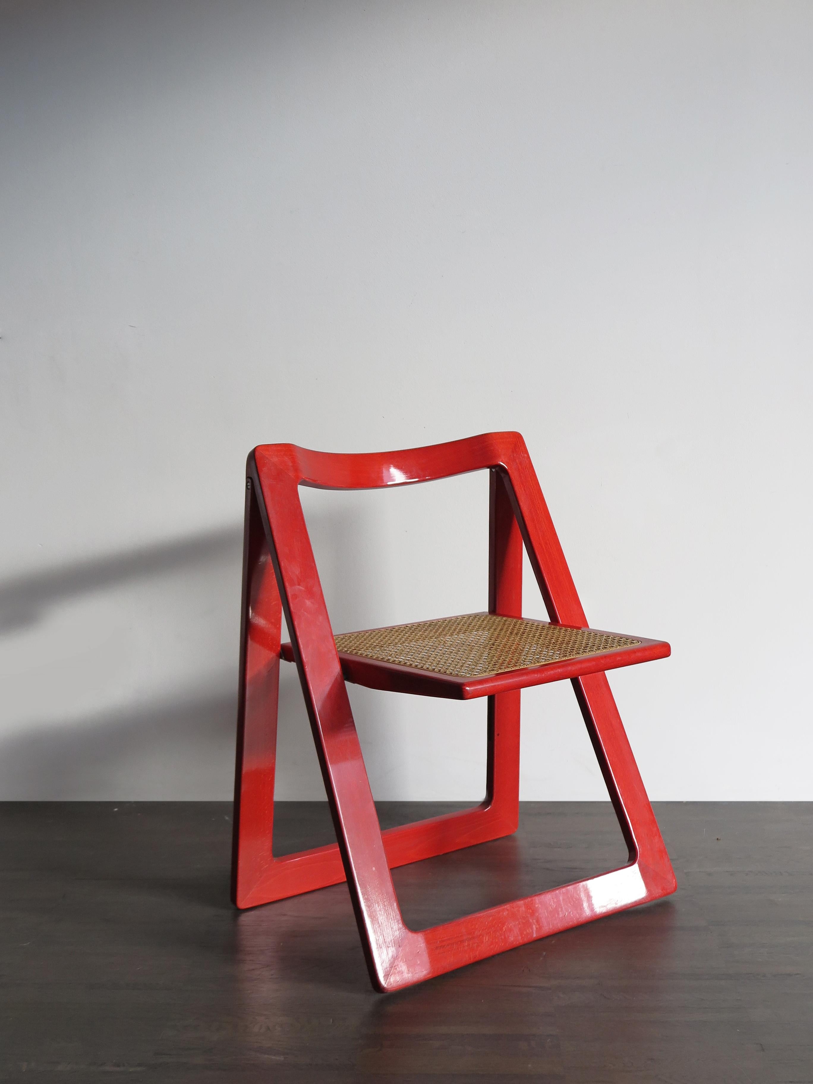 Mid-Century Modern Pierangela D’Aniello and Aldo Jacober Italian Wood Cane Red Dining Chairs, 1950s