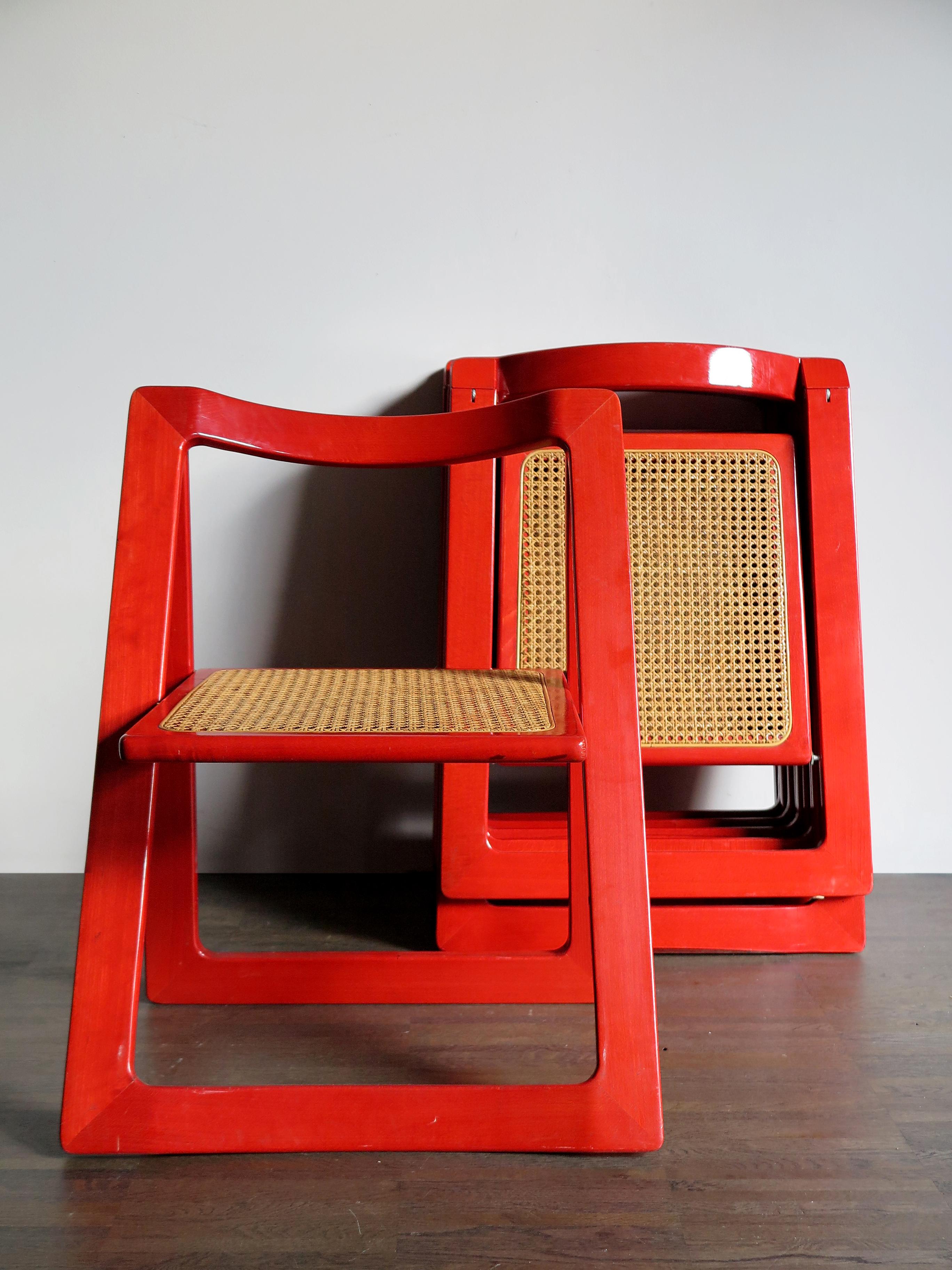 Mid-20th Century Pierangela D’Aniello and Aldo Jacober Italian Wood Cane Red Dining Chairs, 1950s