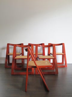 Pierangela D’Aniello and Aldo Jacober Italian Wood Cane Red Dining Chairs, 1960s