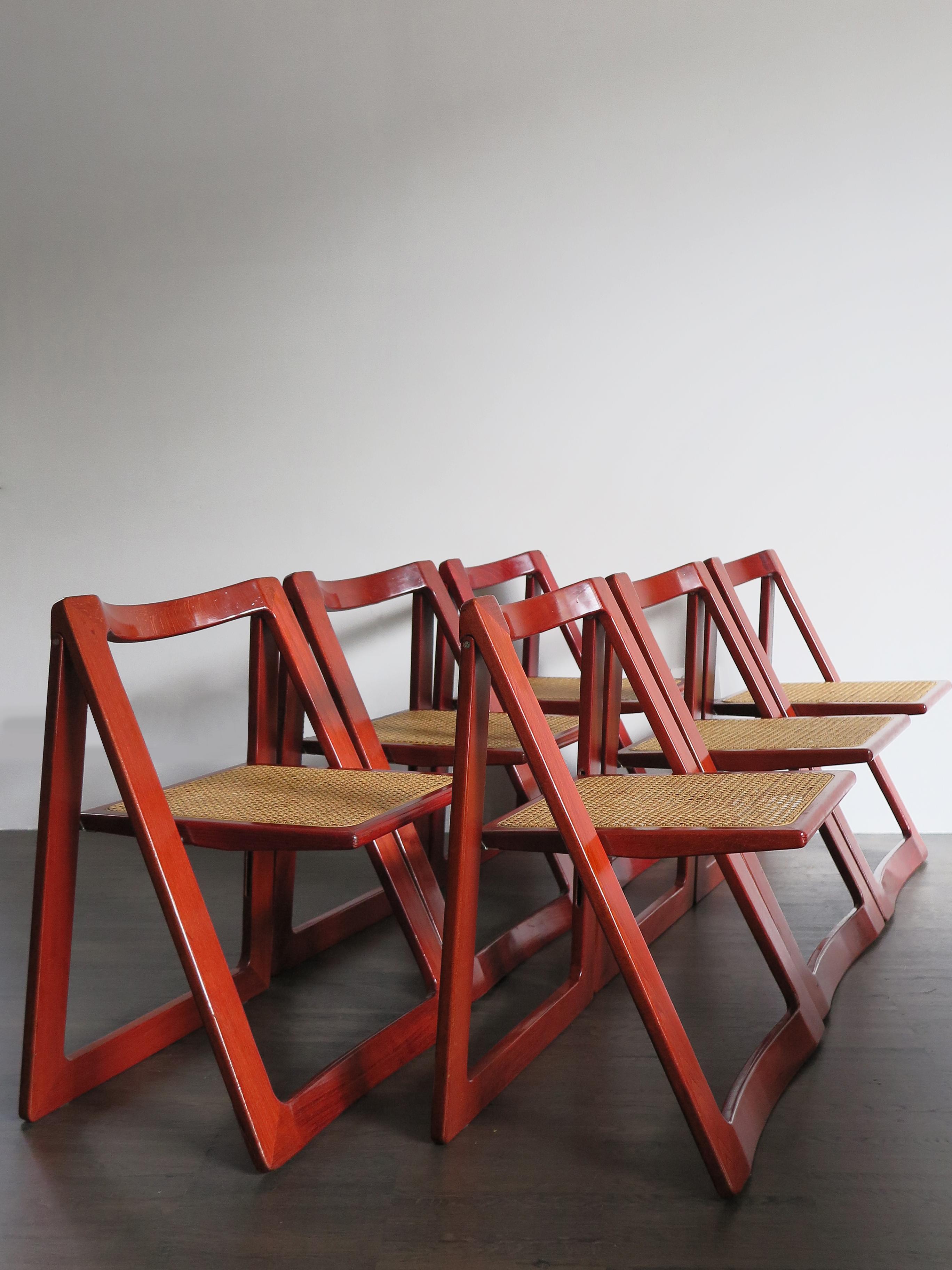 Mid-Century Modern Pierangela D’Aniello and Aldo Jacober Italian Wood Cane Red Dining Chairs, 1960s