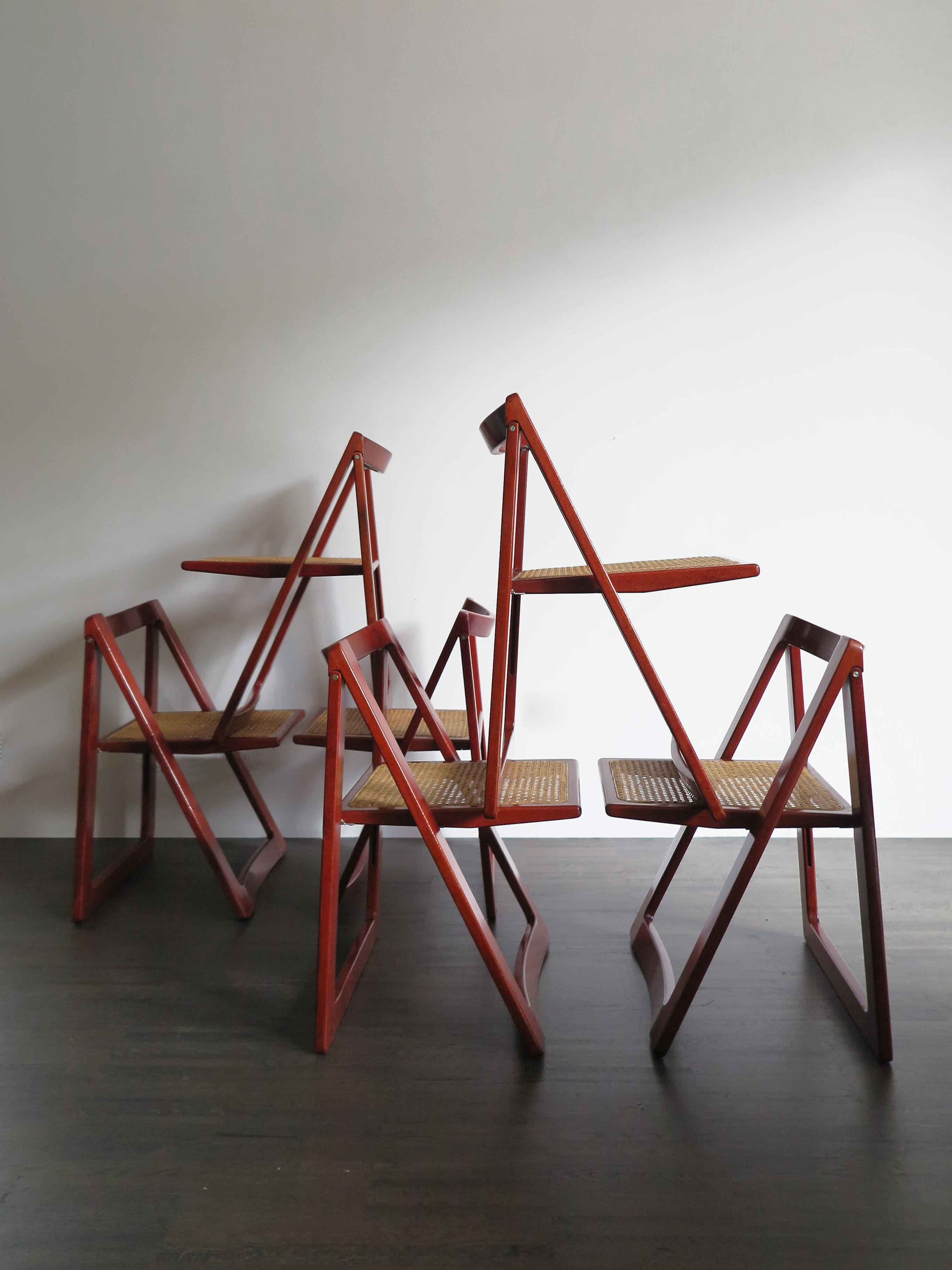 Painted Pierangela D’Aniello and Aldo Jacober Italian Wood Cane Red Dining Chairs, 1960s