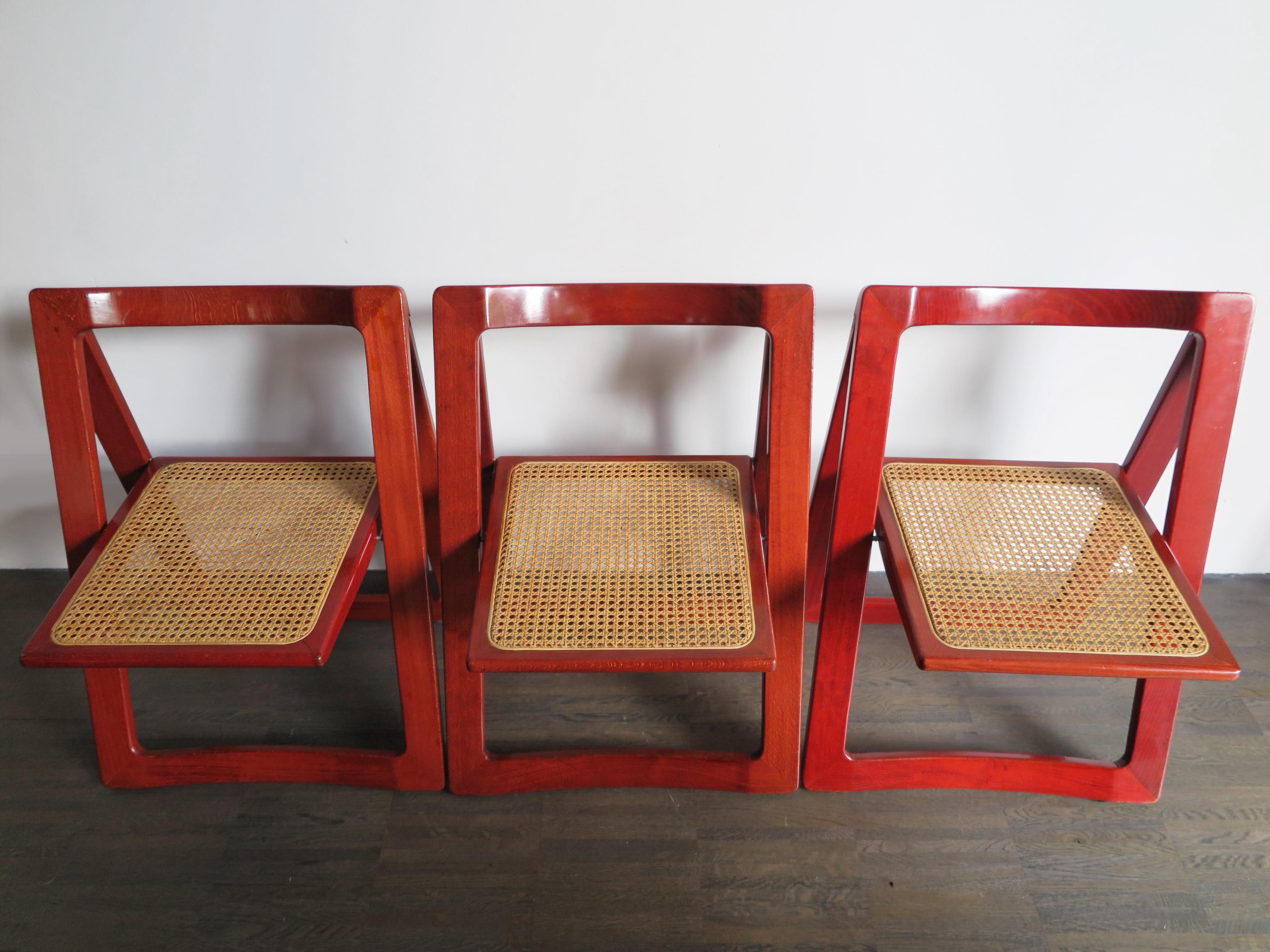 Pierangela D’Aniello and Aldo Jacober Italian Wood Cane Red Dining Chairs, 1960s In Good Condition In Reggio Emilia, IT