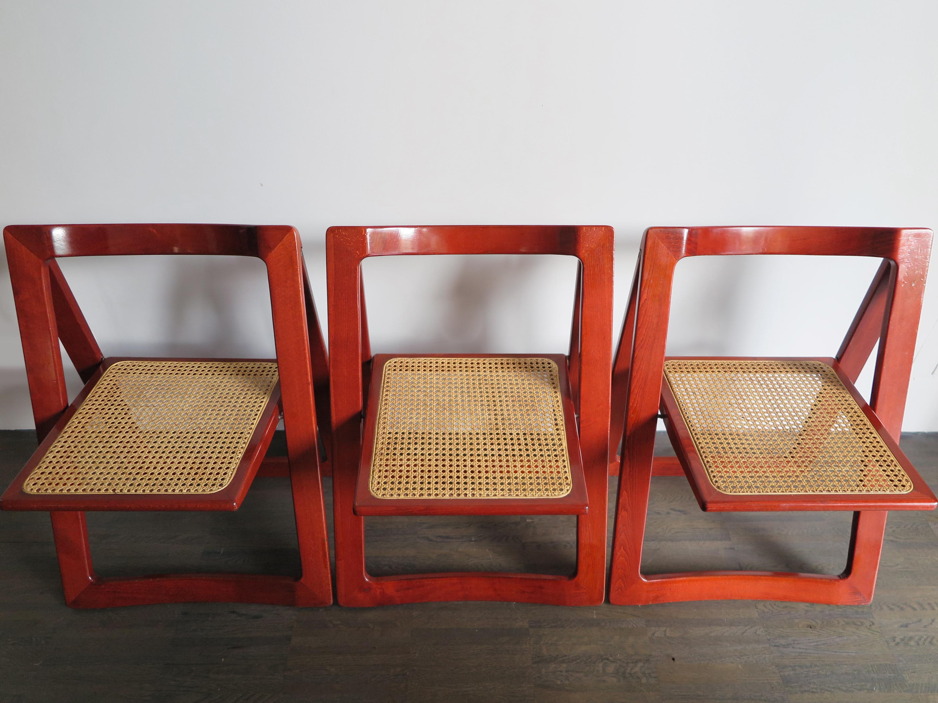 Mid-20th Century Pierangela D’Aniello and Aldo Jacober Italian Wood Cane Red Dining Chairs, 1960s