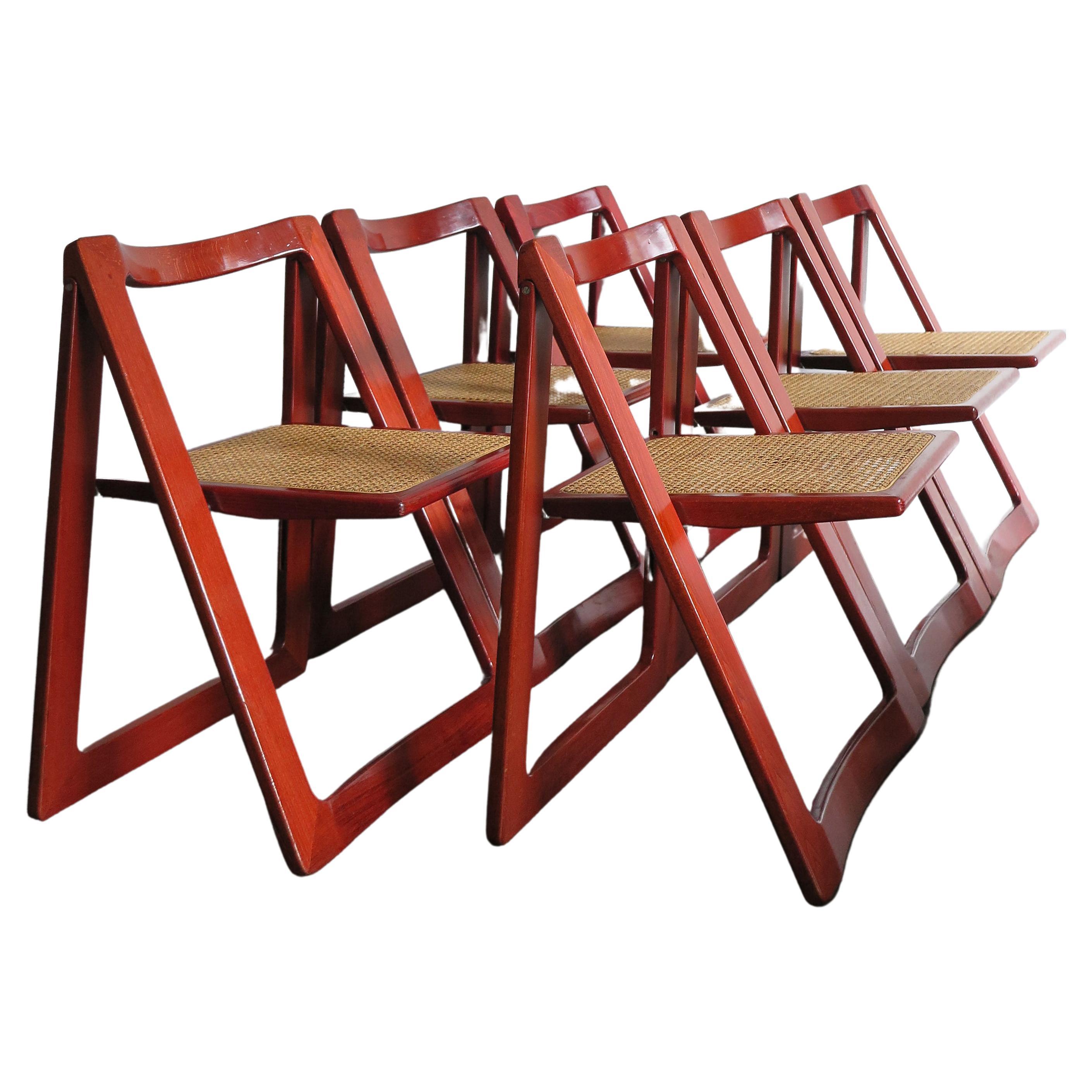 Pierangela D’Aniello and Aldo Jacober Italian Wood Cane Red Dining Chairs, 1960s