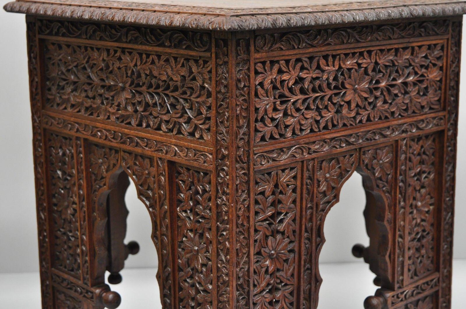 Asian Pierce Carved Teak Wood Moroccan Moorish Accent Side Table Stool Boho Chic