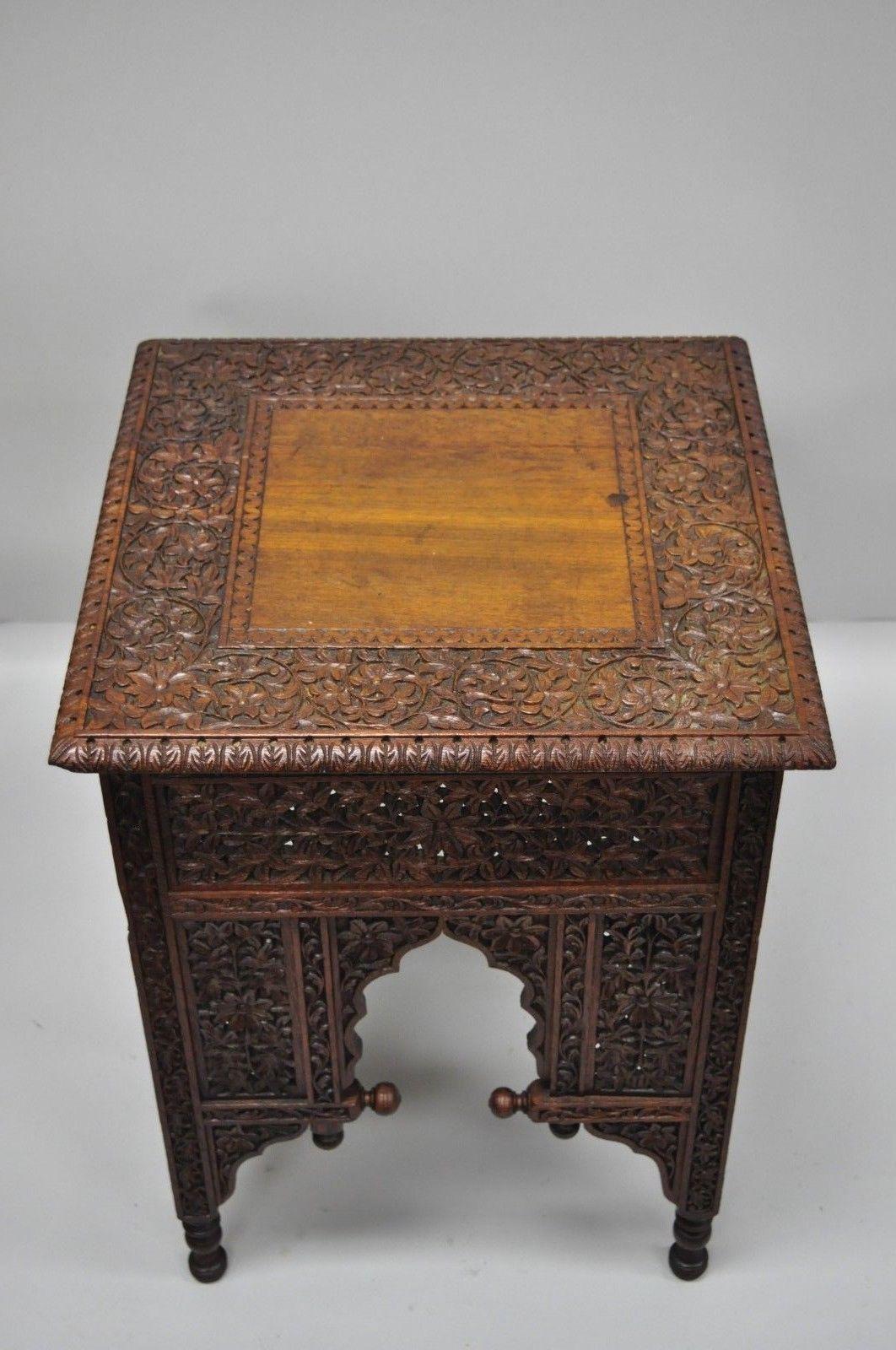 Pierce Carved Teak Wood Moroccan Moorish Accent Side Table Stool Boho Chic In Good Condition In Philadelphia, PA