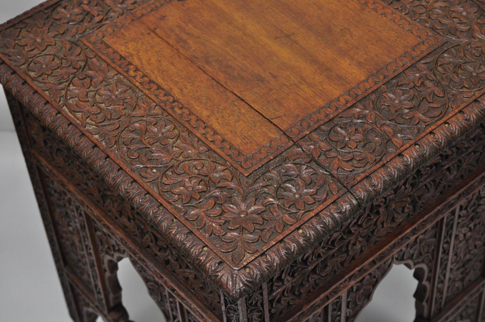 20th Century Pierce Carved Teak Wood Moroccan Moorish Accent Side Table Stool Boho Chic