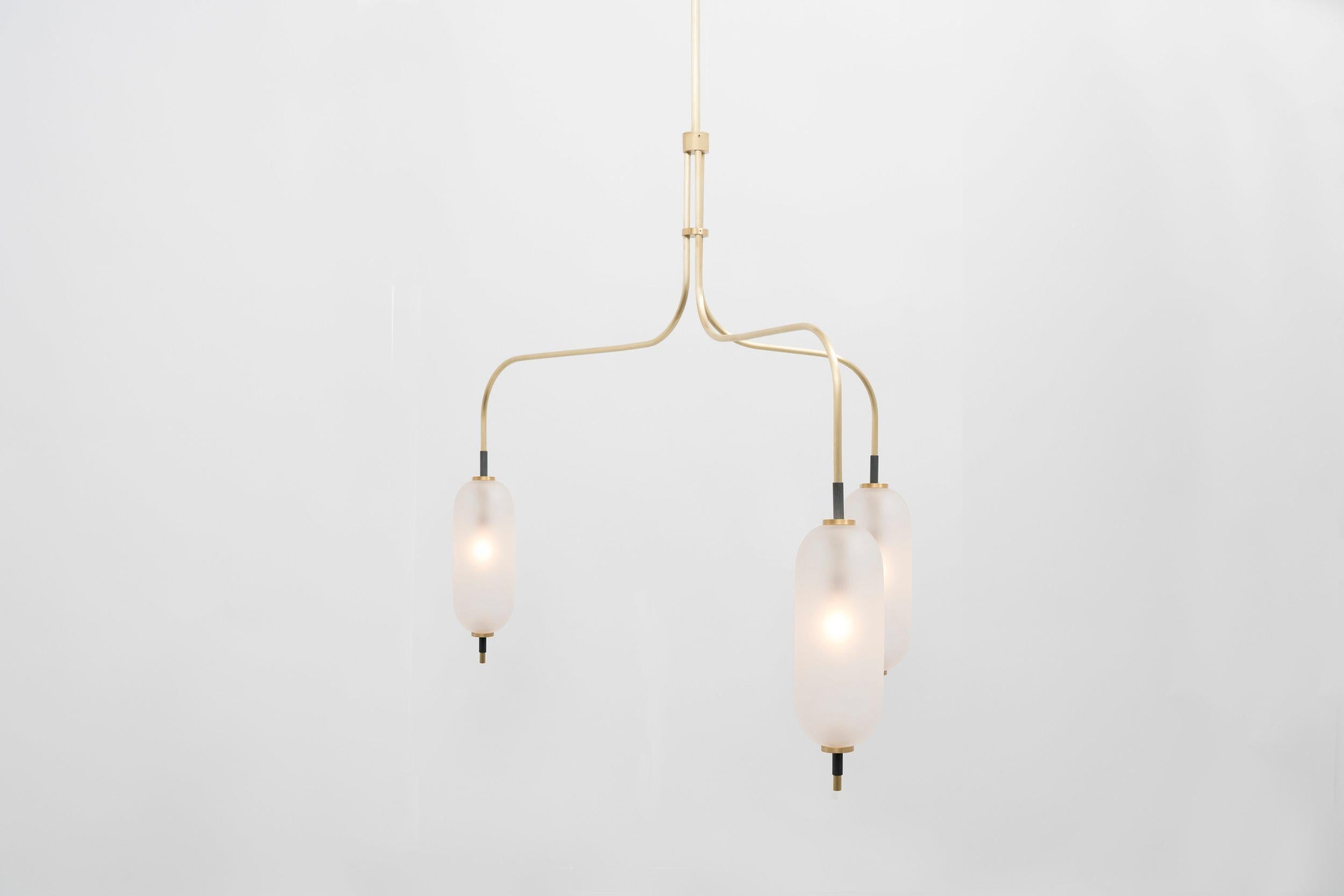 Modern Pierce Chandelier with Hand Blown Glass Shade and Brushed Brass Stem