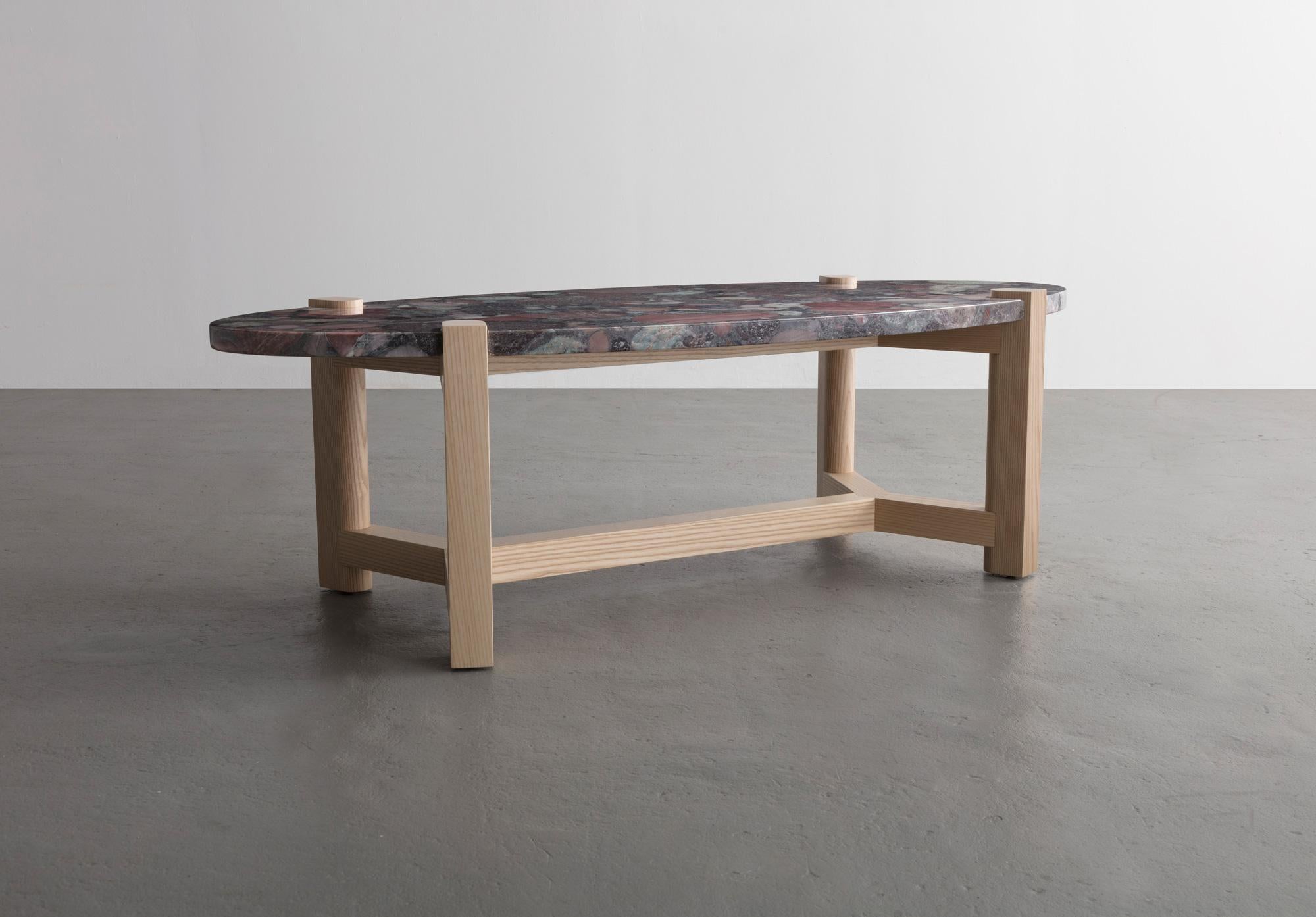 Contemporary Pierce Coffee Table, Carrara Marble, Oval, Ash Hardwood