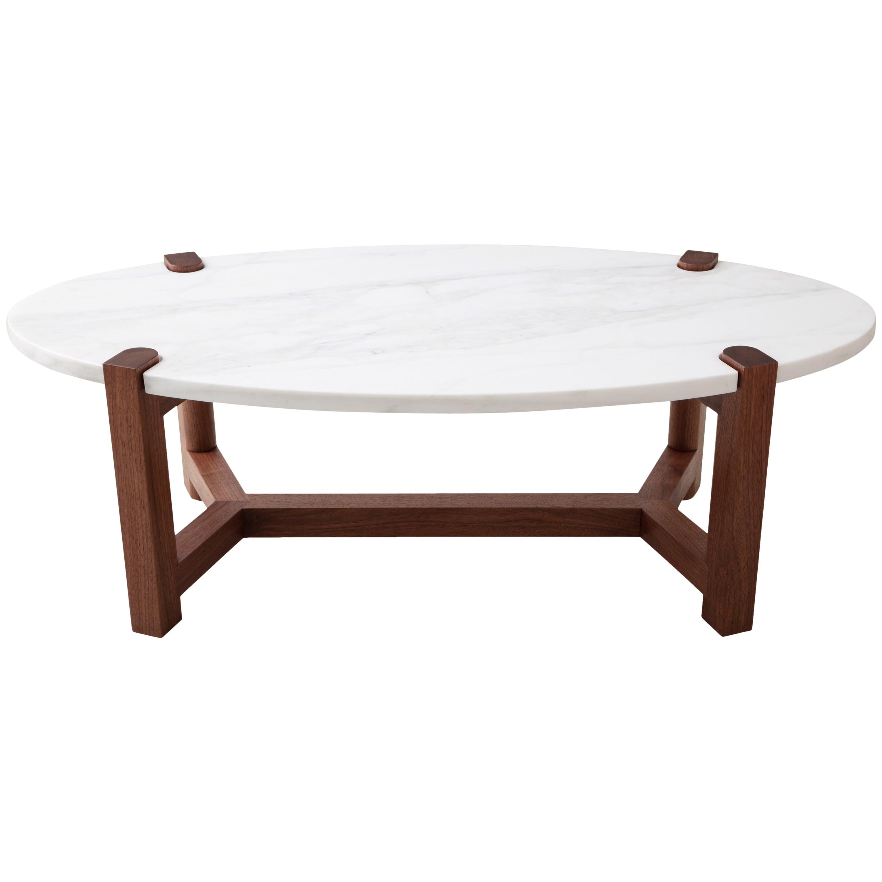 Pierce Coffee Table, Walnut, Carrara Marble or COS, Oval, Made in USA