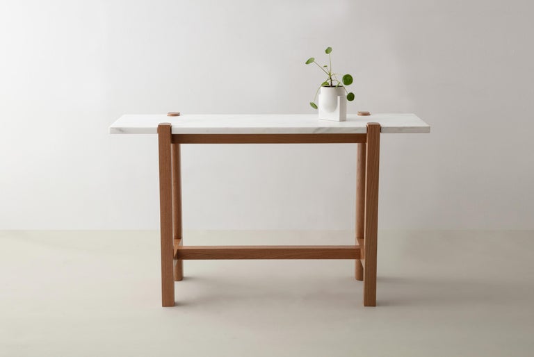 Pierce Console, Sofa Table, White Oak Hardwood, Carrara Marble, Made to