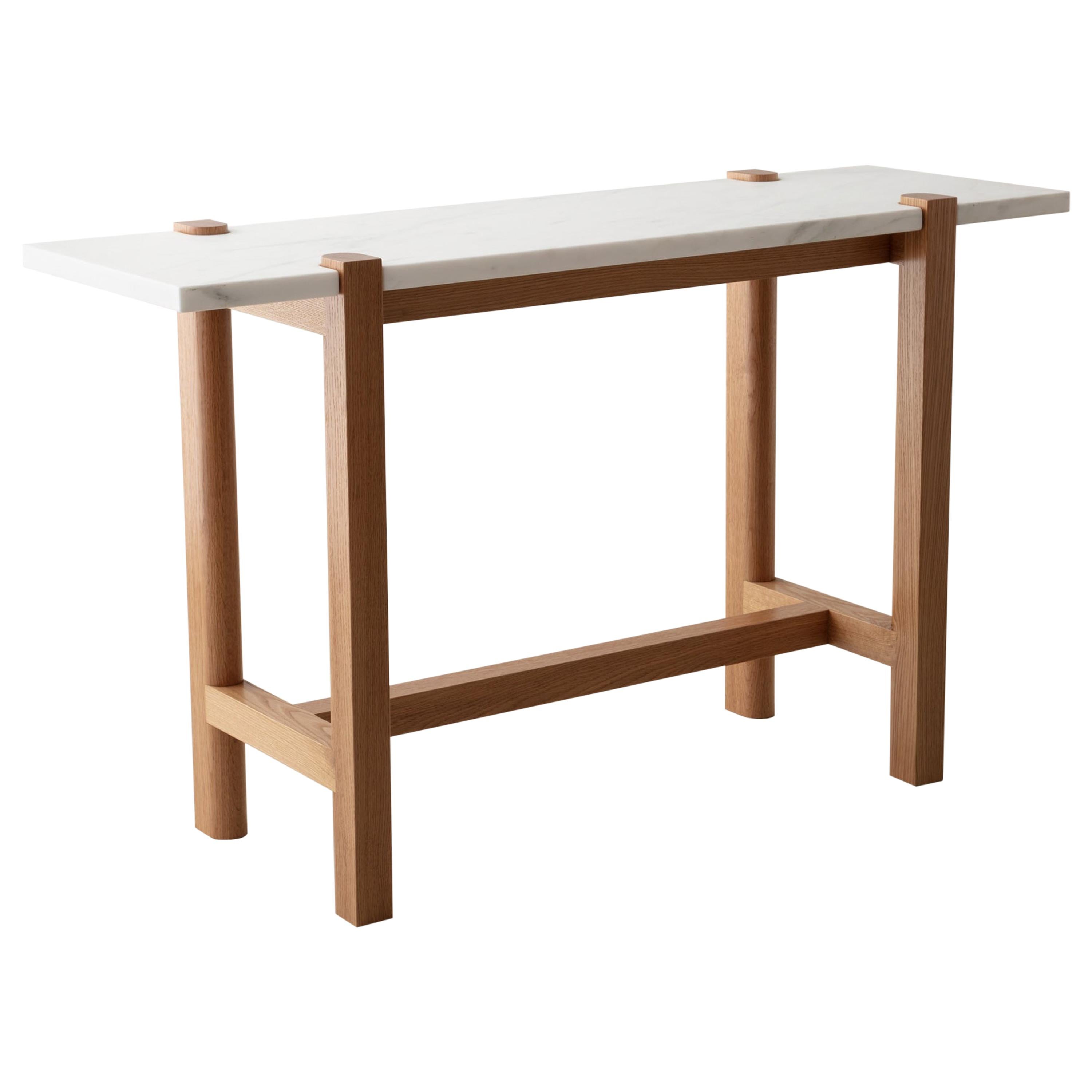 Pierce Console, Sofa Table, White Oak Hardwood, Carrara Marble, Made to Measure