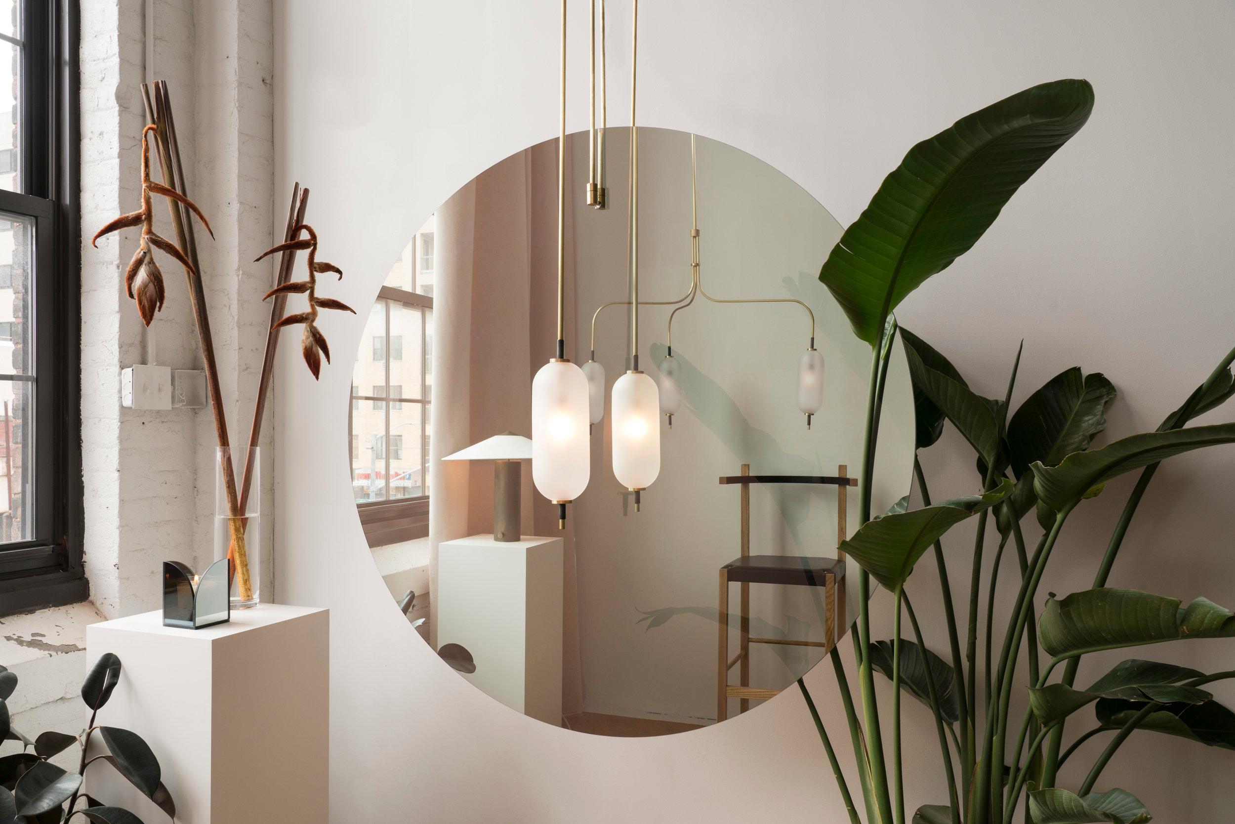 Modern Pierce Pendant with Hand Blown Glass Shade and Brushed Brass Stem 