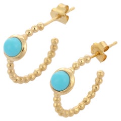 14K Solid Yellow Gold Minimal C-Hoop Earrings with Bezel Set Turquoise