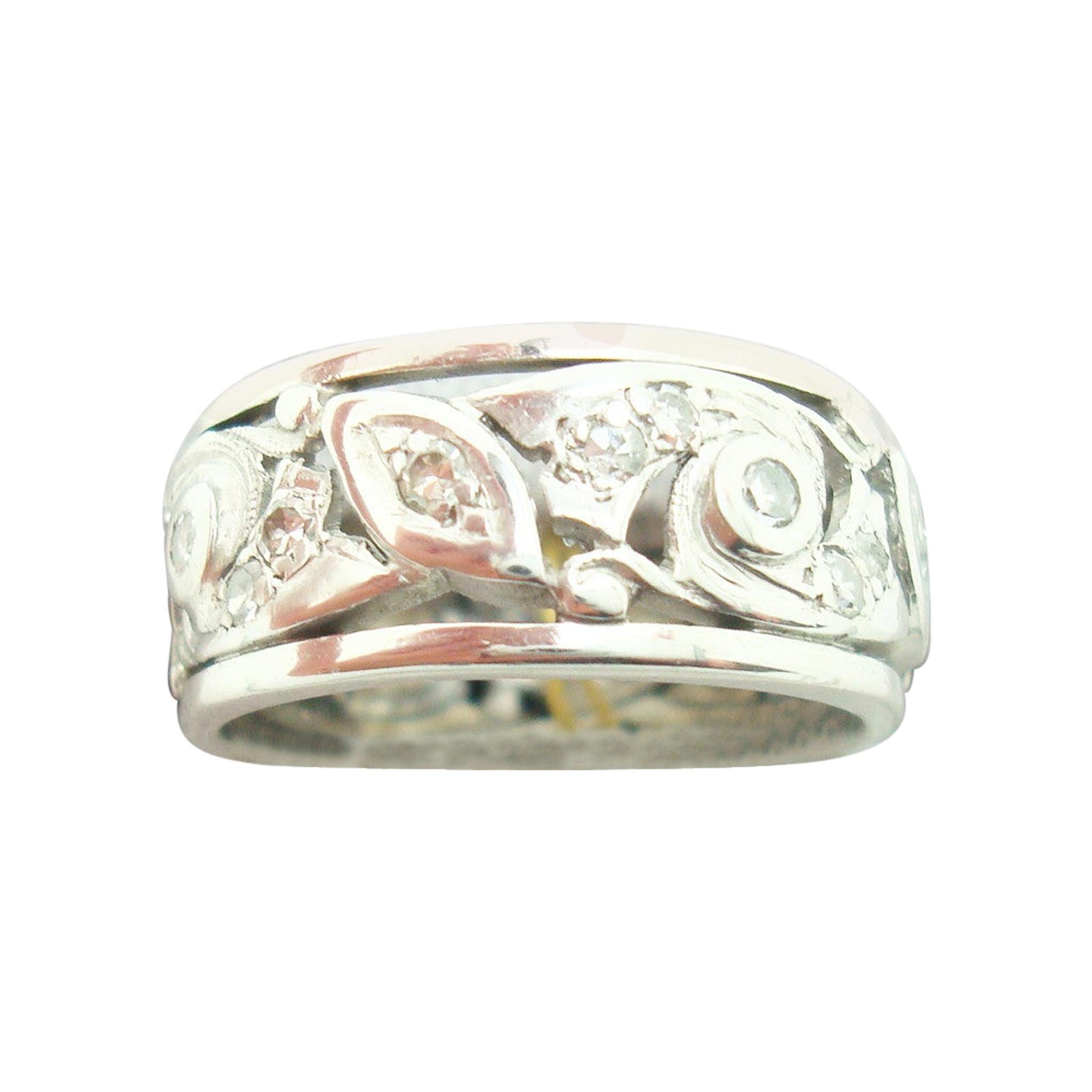Pierced Art Deco Platinum Genuine Natural Diamond Band Ring '#J2385' For Sale
