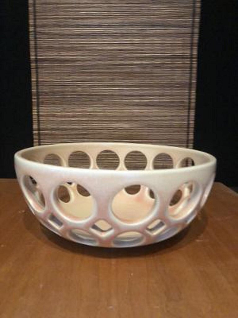 Mid-Century Modern Pierced Blush Ceramic Tabletop Fruit Bowl, in Stock For Sale