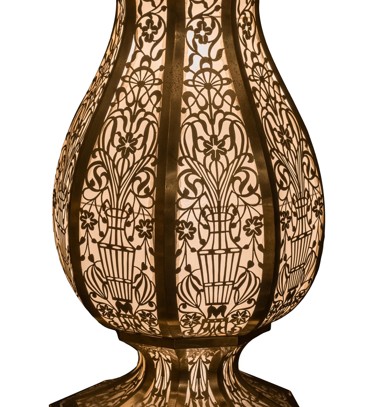 American Pierced Brass Lamp with Matching Shade and Pedestal