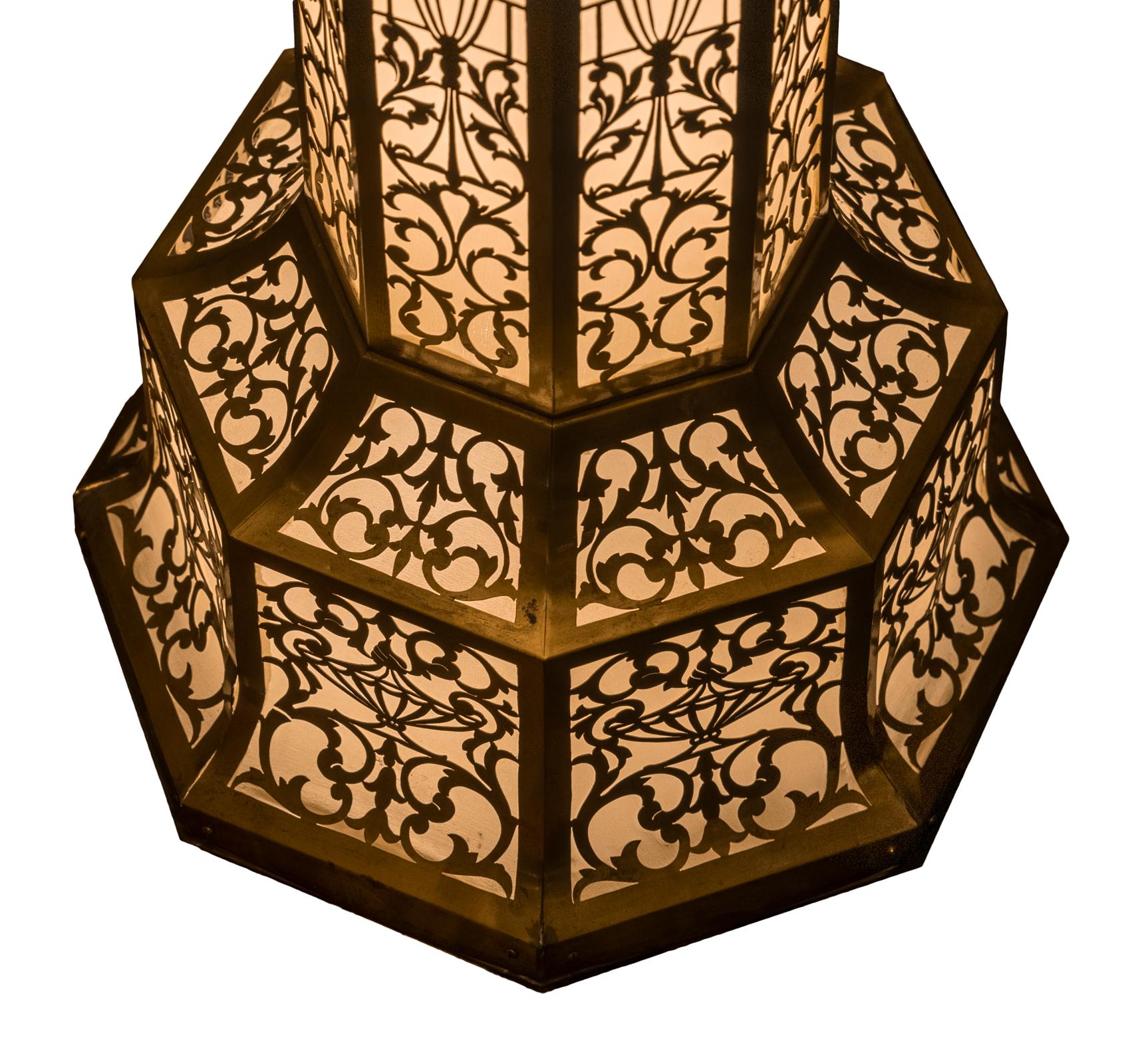 Pierced Brass Lamp with Matching Shade and Pedestal In Good Condition In Salt Lake City, UT