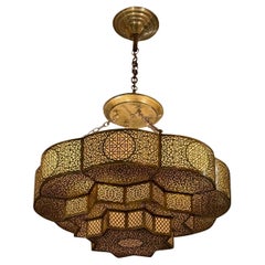 Pierced Brass Three Tiered Star Shaped Chandelier, Morocco, Contemporary