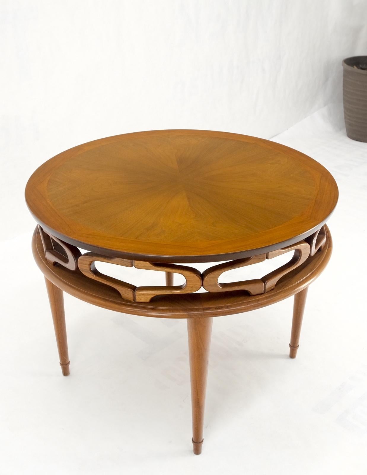 Pierced Caved Ornament Round Walnut Banded Mid-Century Modern Side End Table For Sale 4