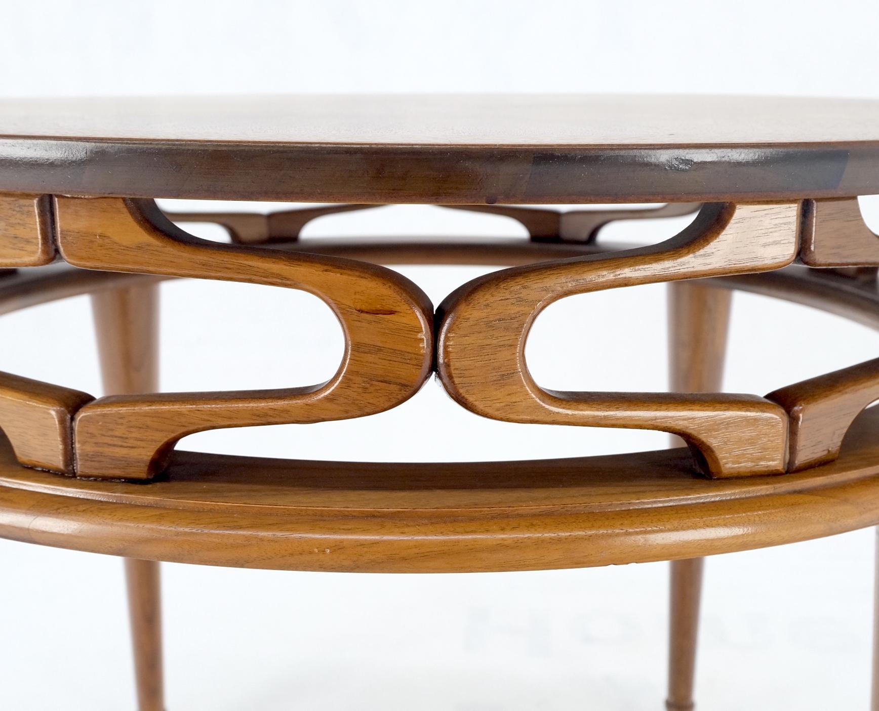 American Pierced Caved Ornament Round Walnut Banded Mid-Century Modern Side End Table For Sale