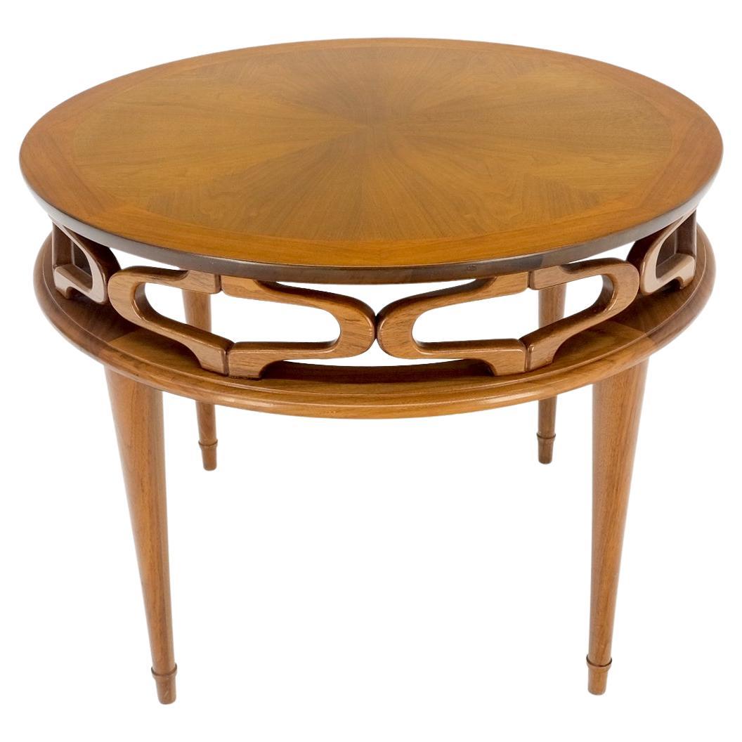 Pierced Caved Ornament Round Walnut Banded Mid-Century Modern Side End Table For Sale