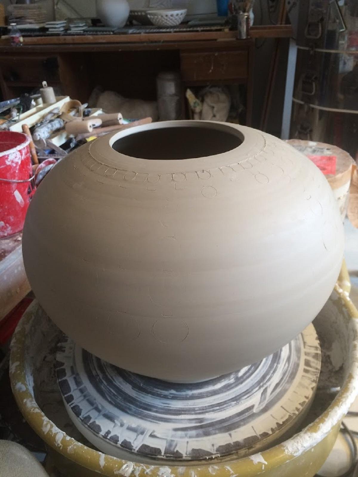 Fired Pierced Ceramic Orb Vessel/Vase- Moss Green