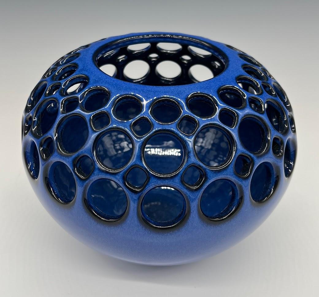 Mid-Century Modern Pierced Ceramic Orb with Deep Azure Glaze For Sale