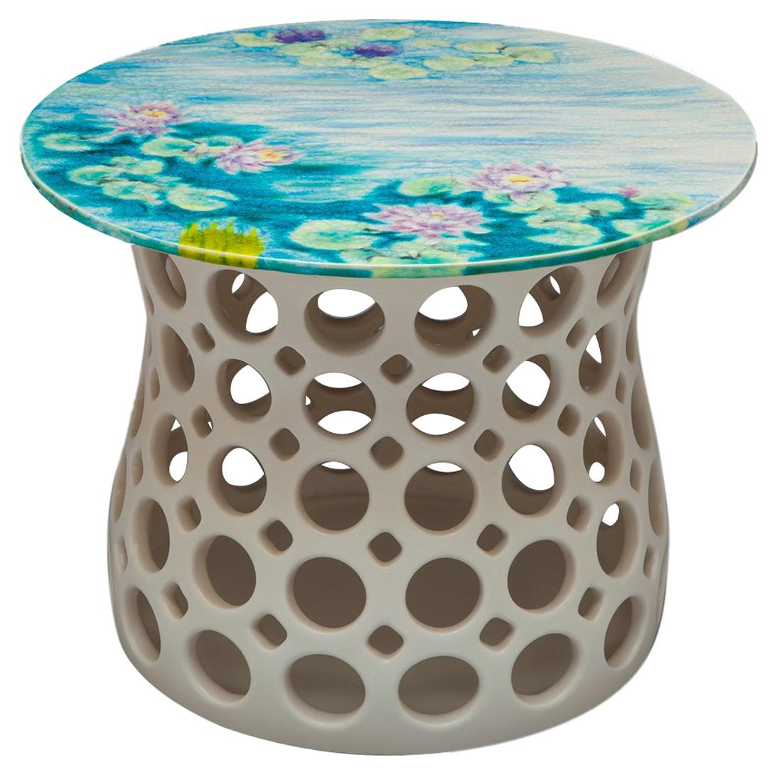Pierced Ceramic Side Table-Turquoise Lily Pad Motif
