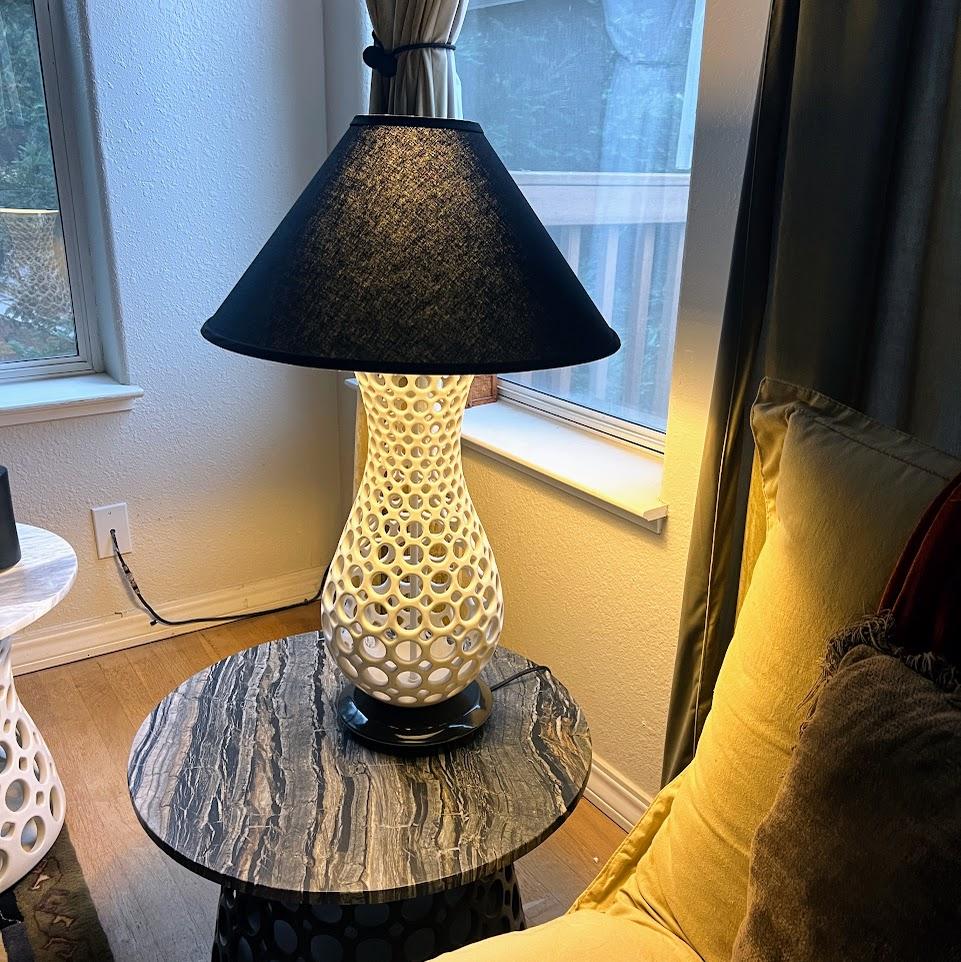 Glazed Pierced Ceramic Side Table with Black, Grey, White Stone Top For Sale