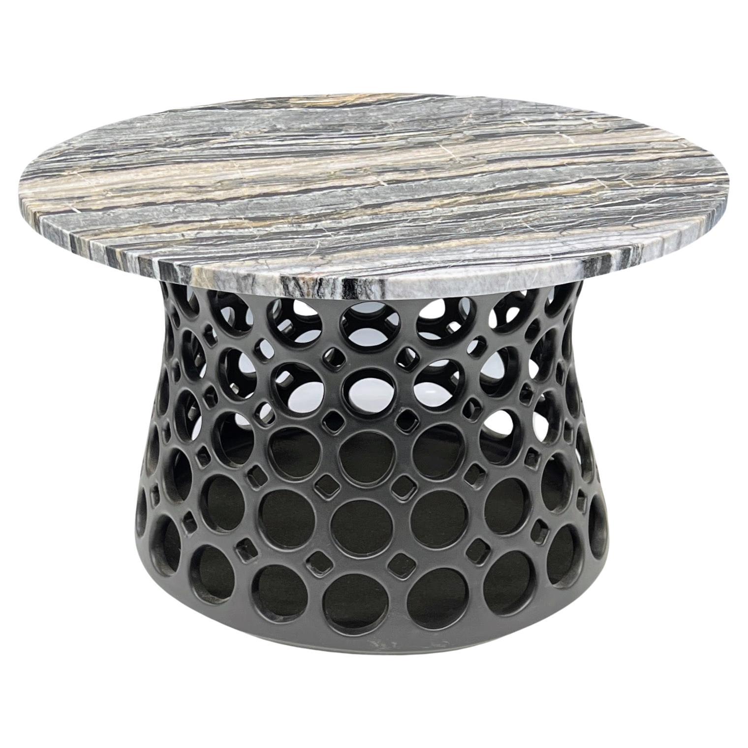 Pierced Ceramic Side Table with Black, Grey, White Stone Top For Sale