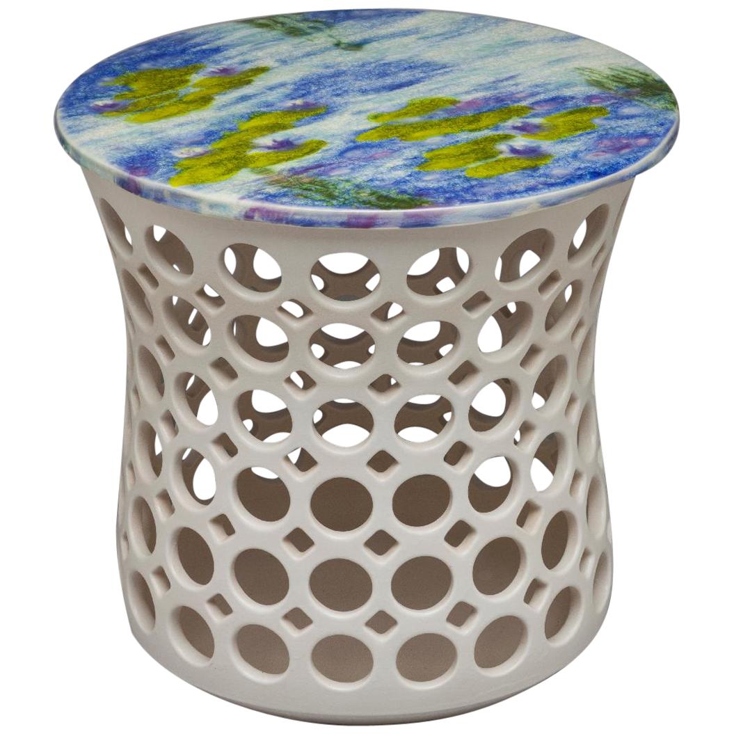 Pierced Ceramic Side Tables with Hand Glazed Impressionist Inspired Tabletops