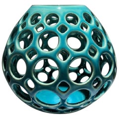 Pierced Ceramic Tabletop Sculpture/Candleholder, Turquiose