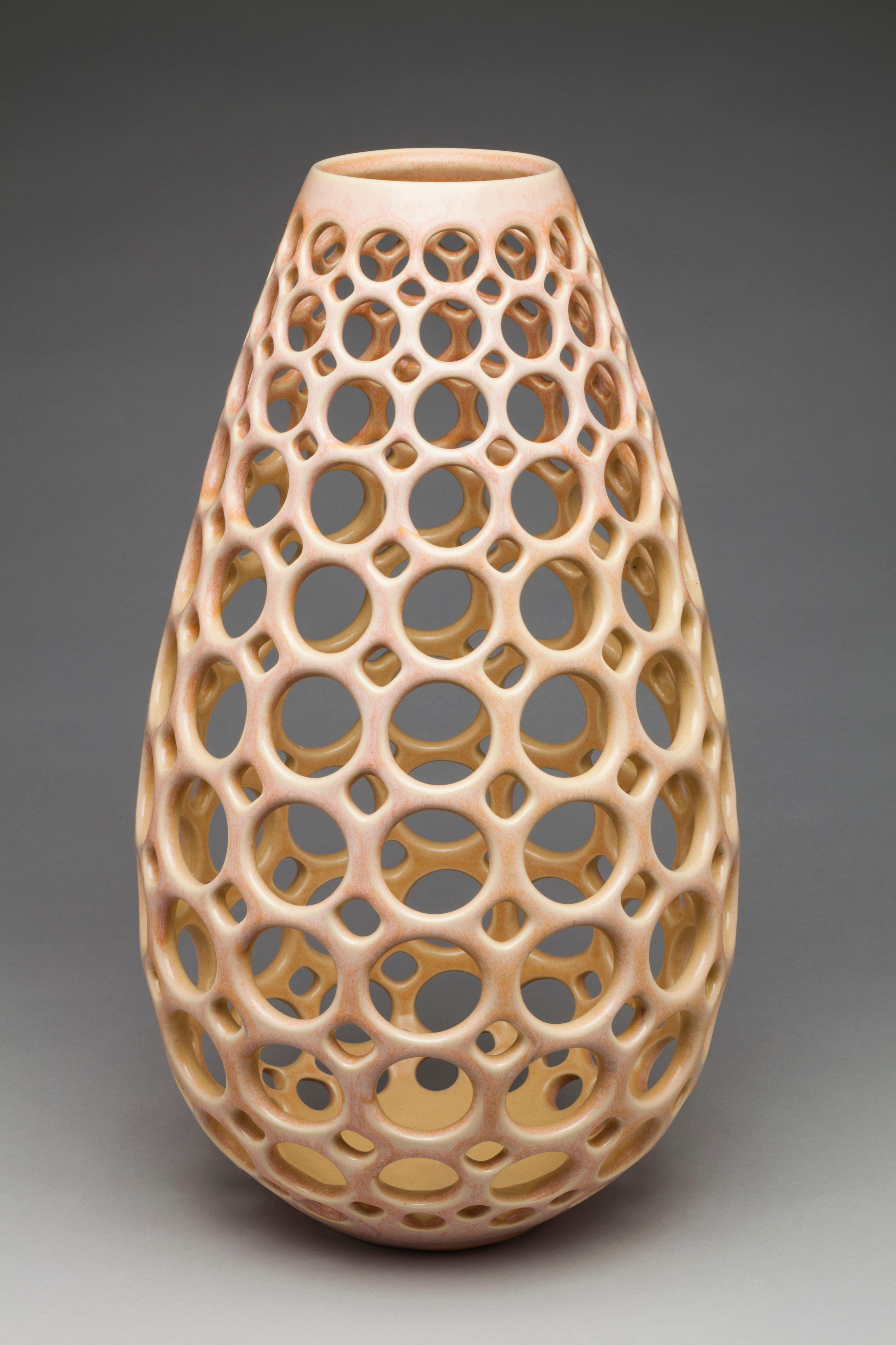 Mid-Century Modern Pierced Ceramic Teardrop Vase/Sculpture-Blush/Pink For Sale