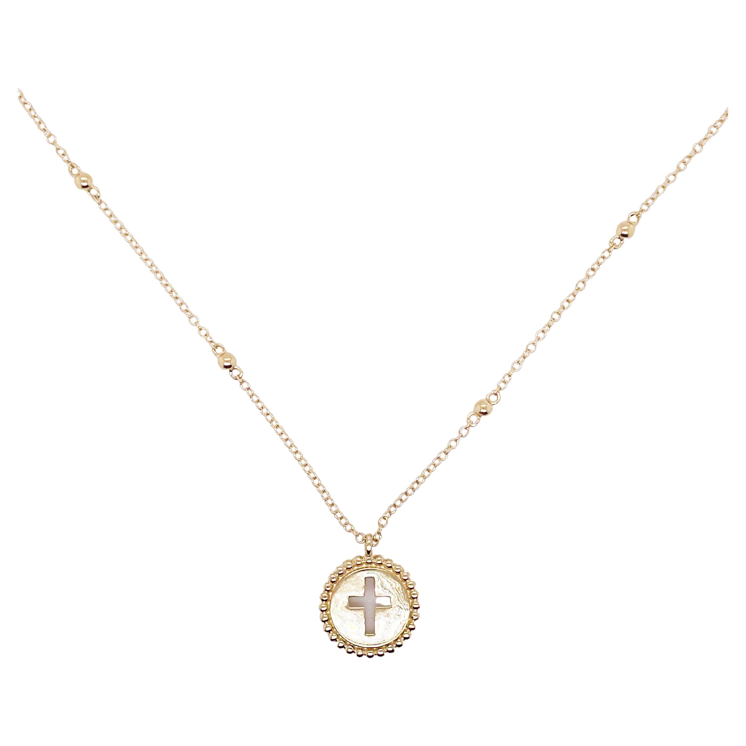 Pierced Cross Pendant Necklace w Bead Frame w Cut Out Cross w Cable Chain, 14k For Sale