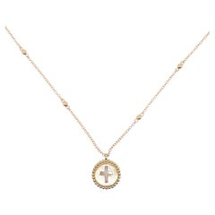 Pierced Cross Pendant Necklace w Bead Frame w Cut Out Cross w Cable Chain, 14k