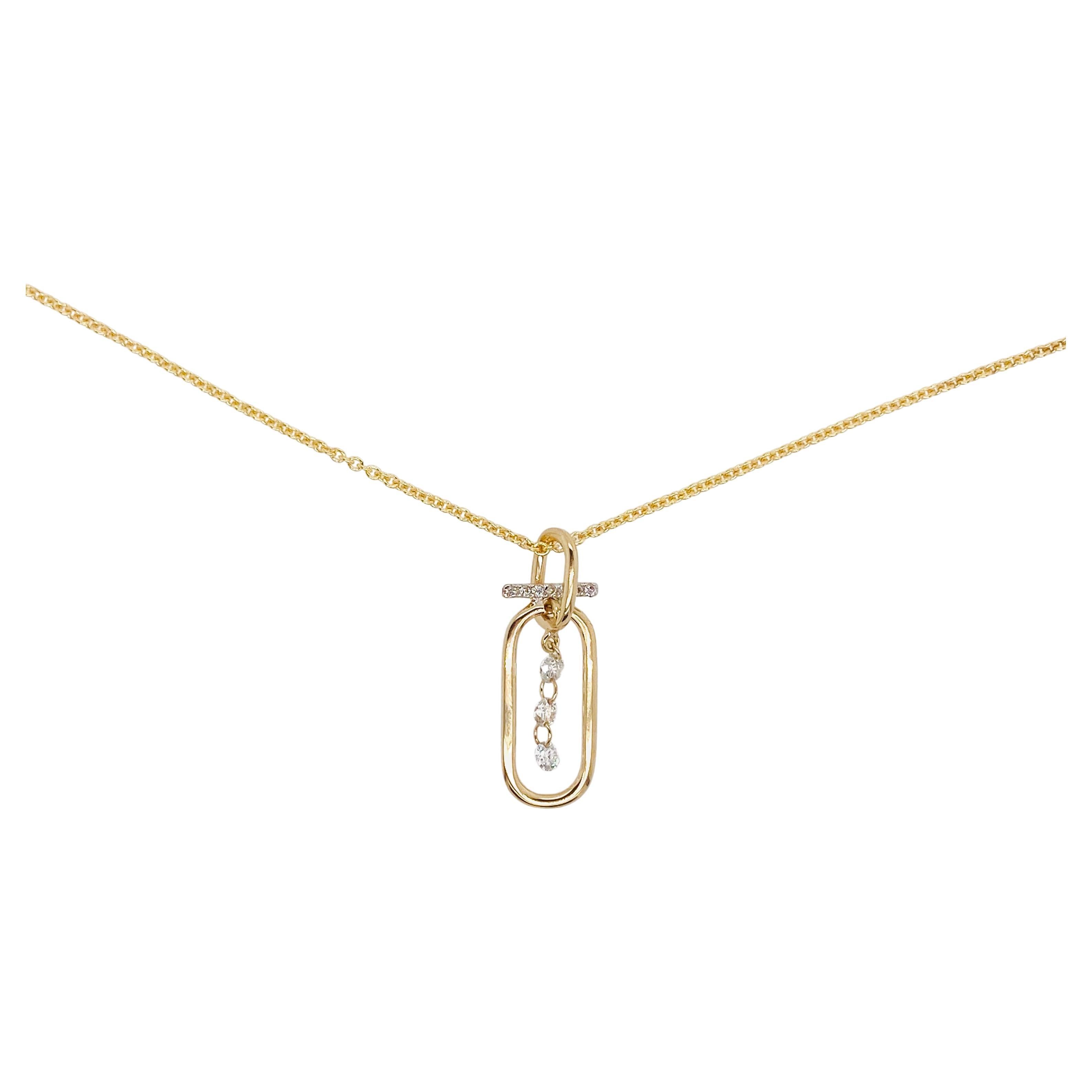 Pierced Diamond Paperclip Bar Pendant Necklace 0.20 Carats, 14k Yellow Gold For Sale