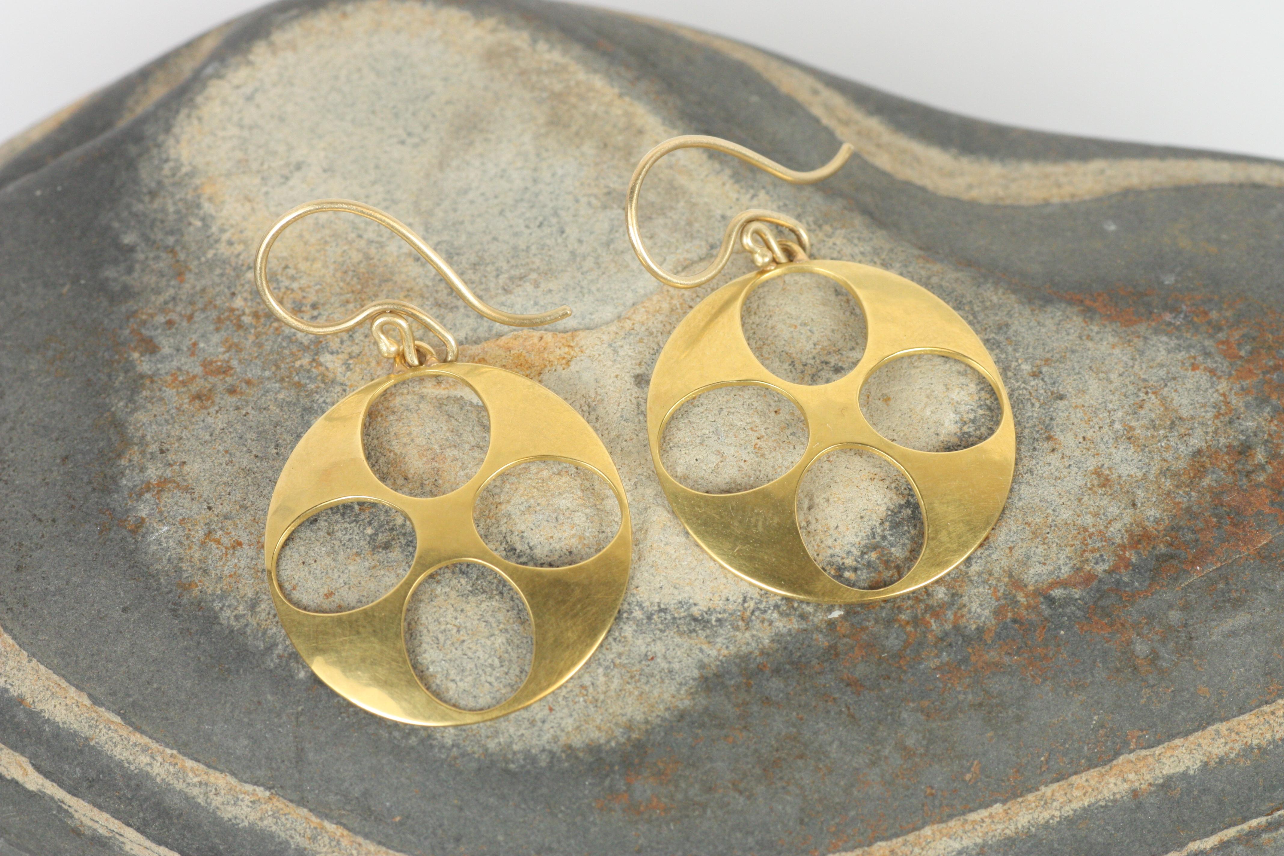 Artisan Pierced Disc Earrings in 22K Solid Yellow Gold Handmade by Bracken Jewelers For Sale
