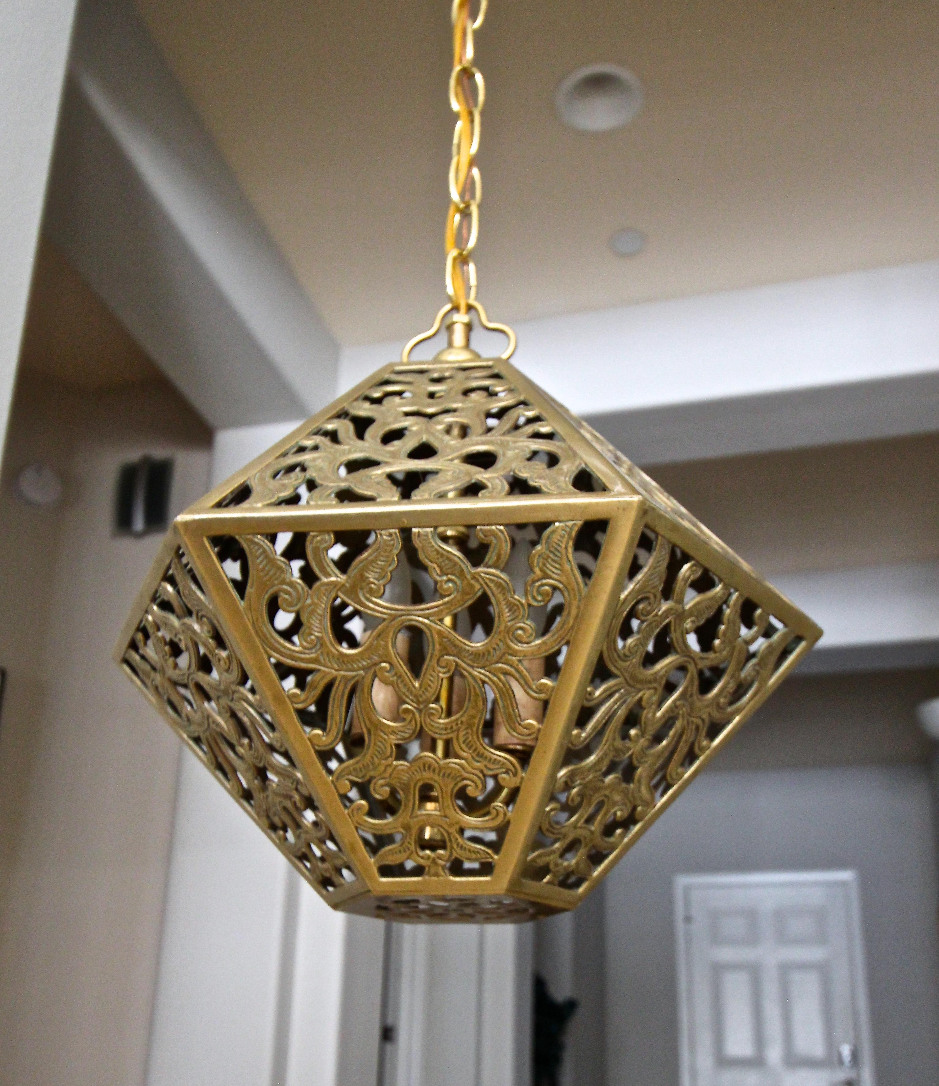 Pierced Filigree Brass Japanese Asian Ceiling Pendant Light 3