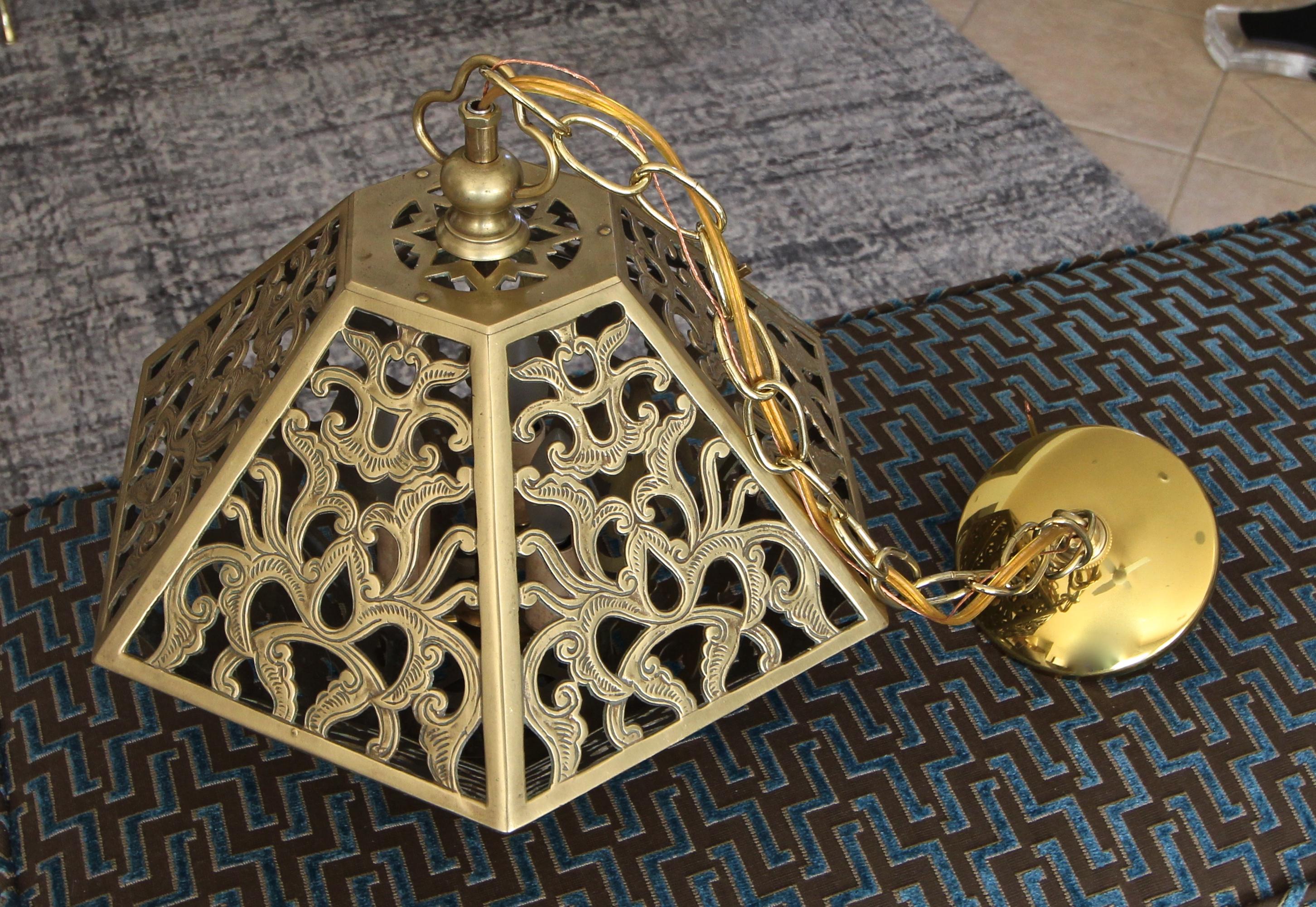 Pierced Filigree Brass Japanese Asian Ceiling Pendant Light 11