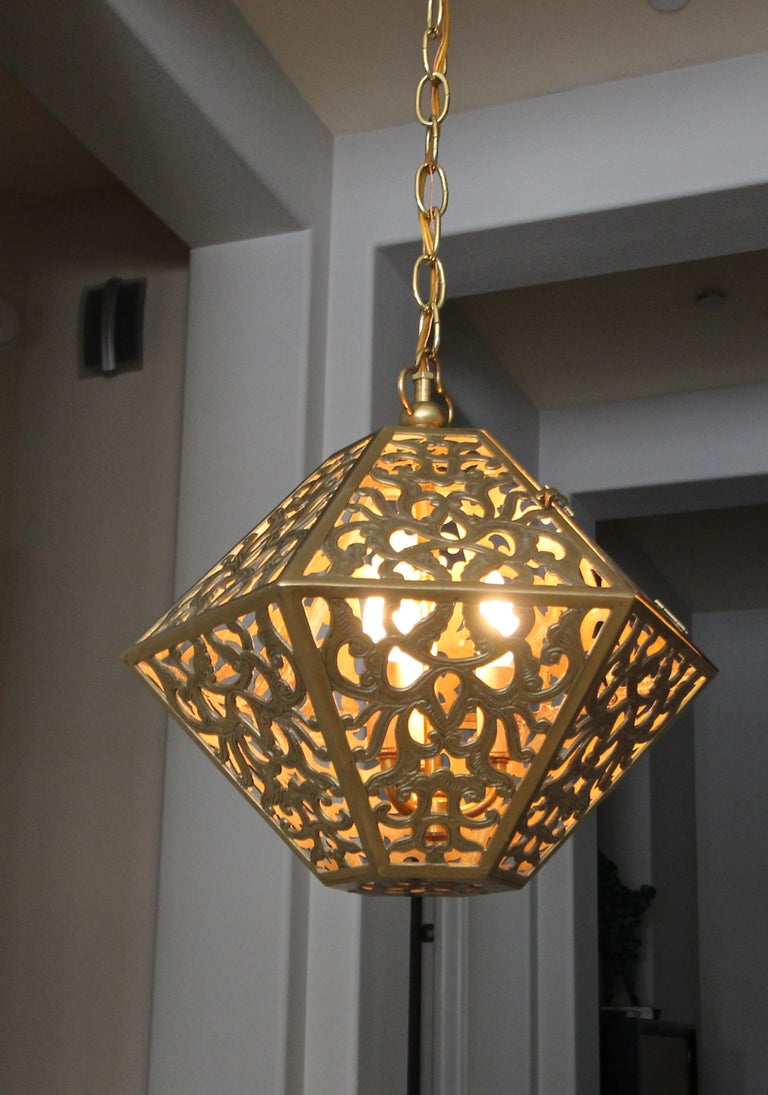 Pierced Filigree Brass Japanese Asian Ceiling Pendant Light