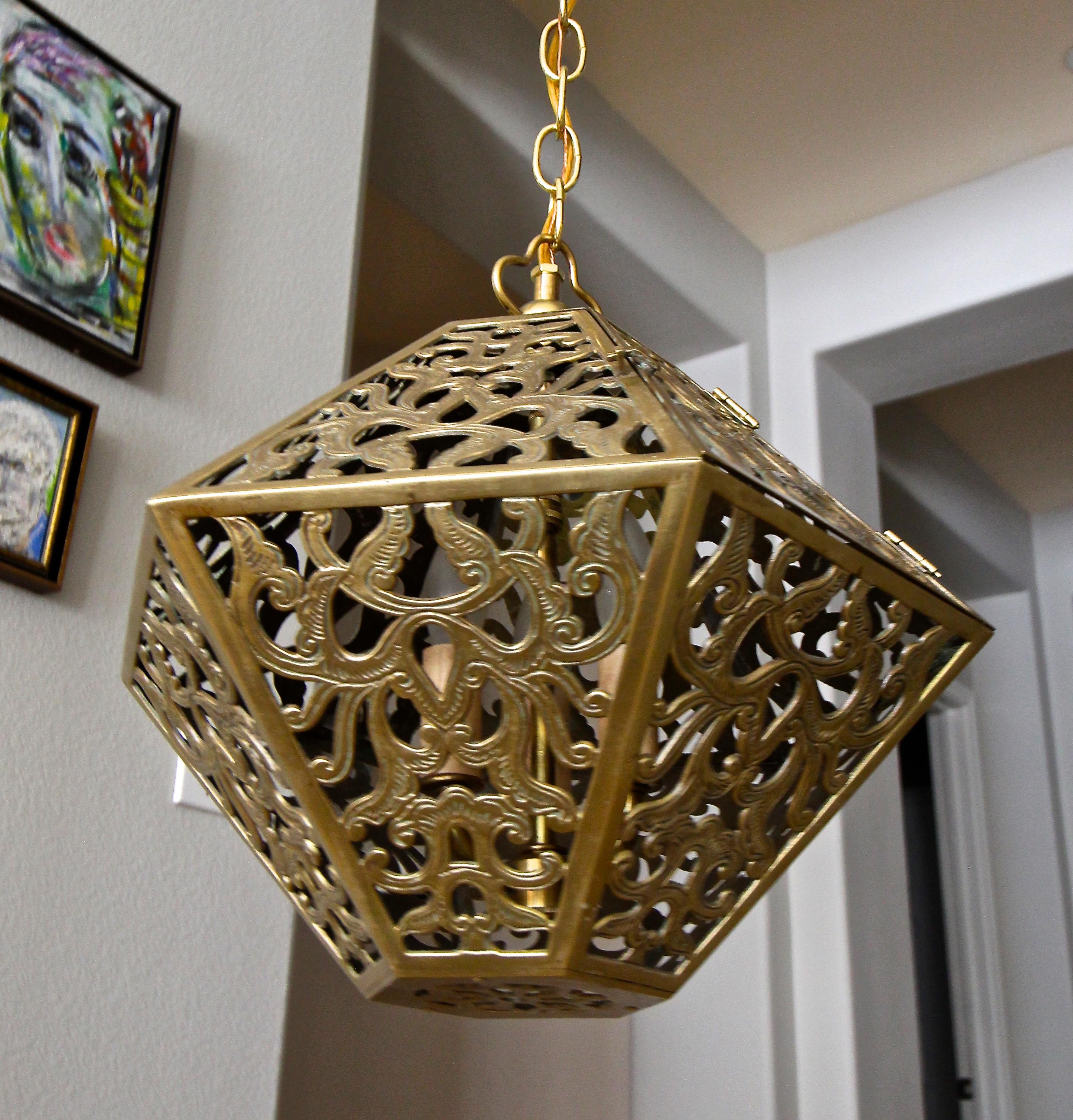 Mid-20th Century Pierced Filigree Brass Japanese Asian Ceiling Pendant Light