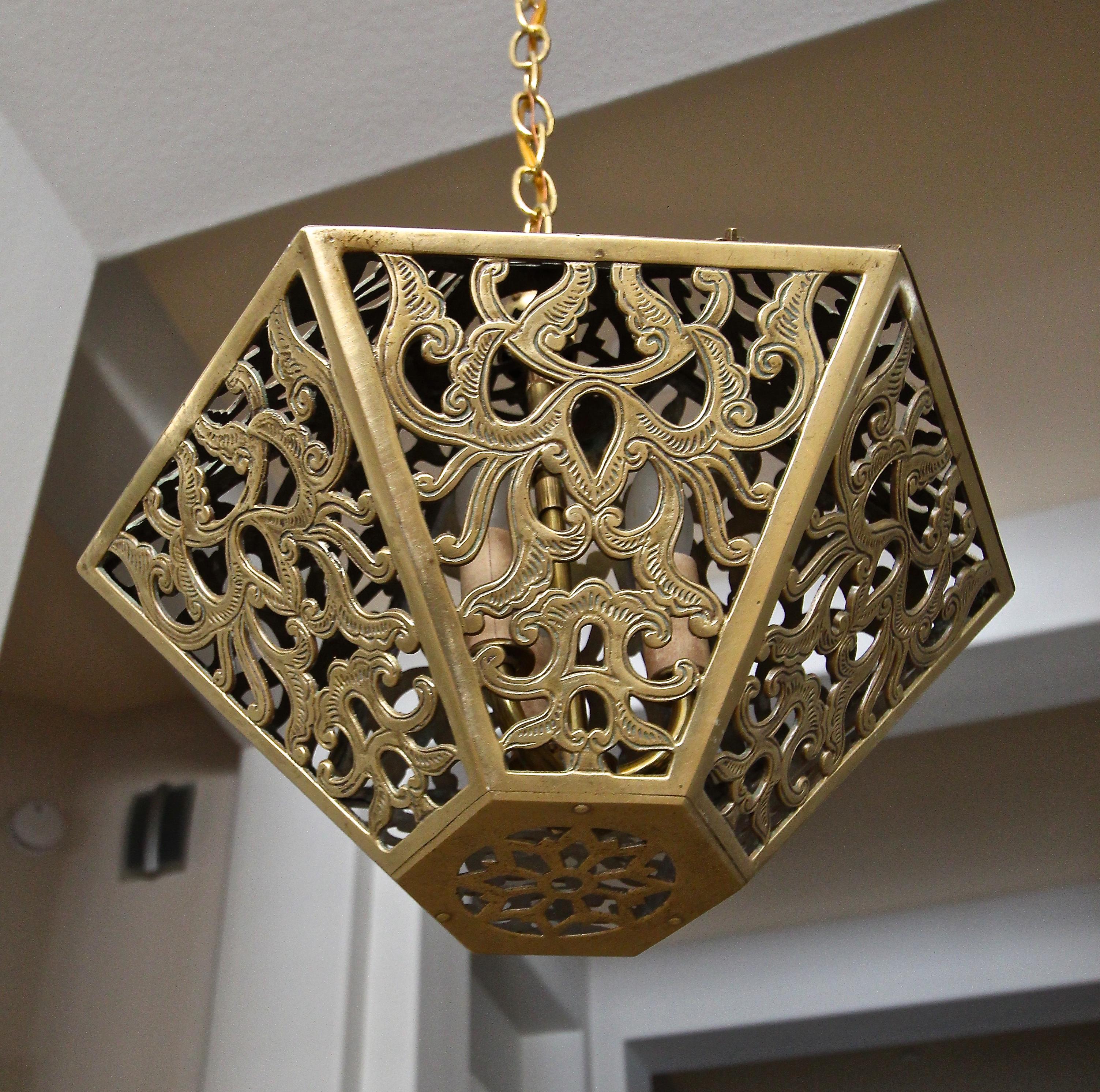 Pierced Filigree Brass Japanese Asian Ceiling Pendant Light 1