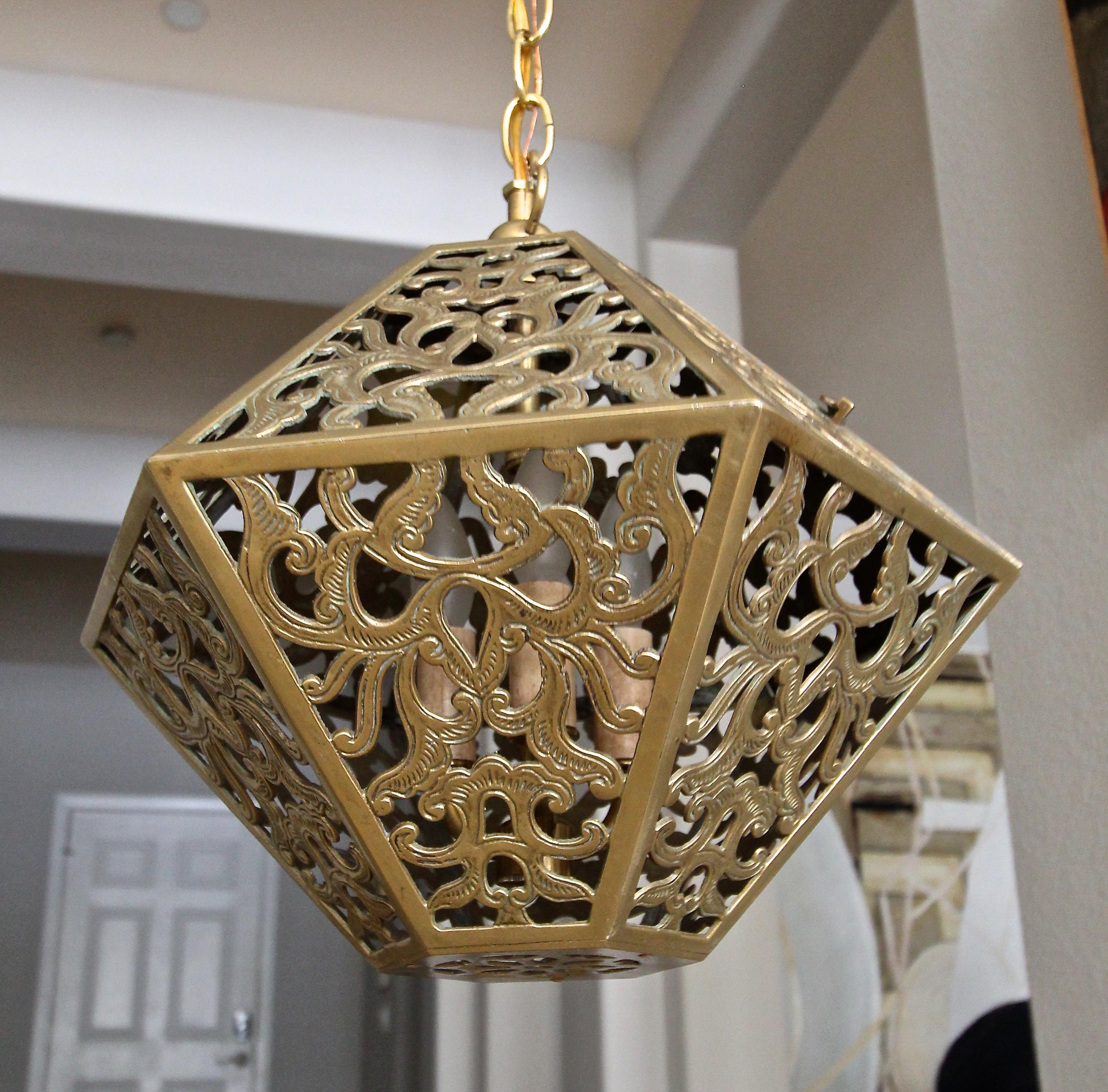 Pierced Filigree Brass Japanese Asian Ceiling Pendant Light 2