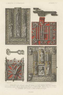 Pierced Iron Locks and a Master Key, Antique Print, 1851