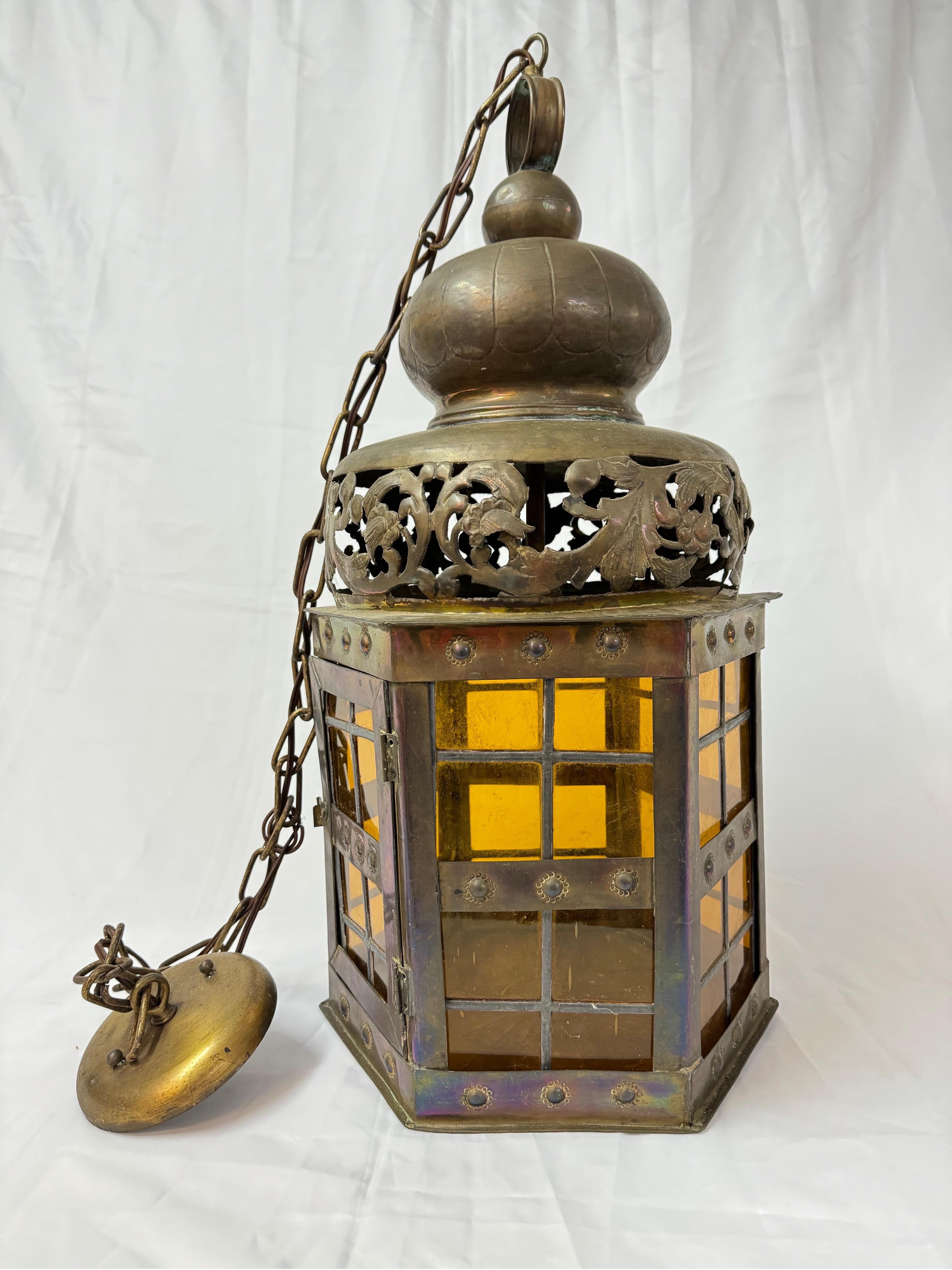 Pierced Moroccan Brass Lantern Style Chandelier In Good Condition For Sale In Redding, CT