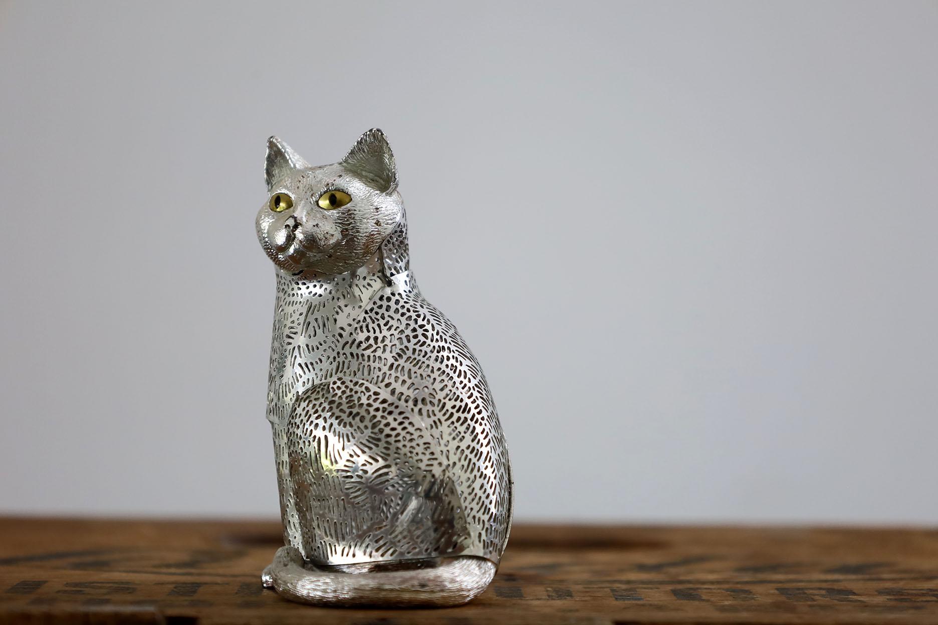 Pierced Silver Plate Cat Christofle France Lumiere Figurine For Sale 1