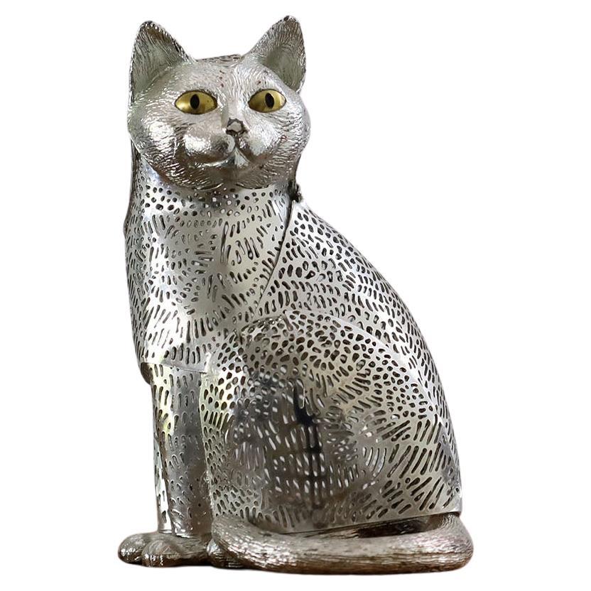 Figurine de chat Christofle France en métal argenté percé